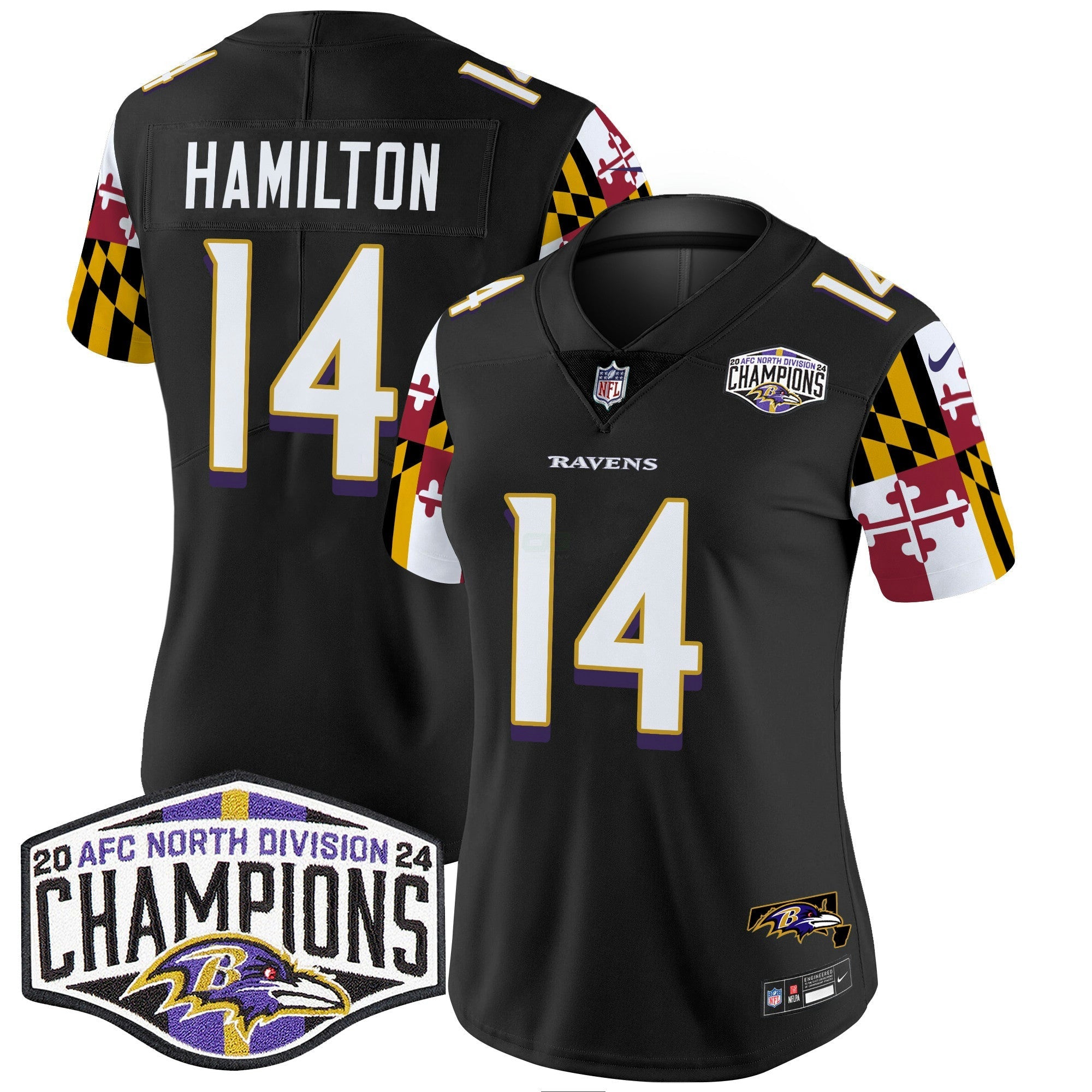 Camisa NFL Women’s Maryland Flag 2024 AFC North Division Champions Patch Vapor Limited Jersey