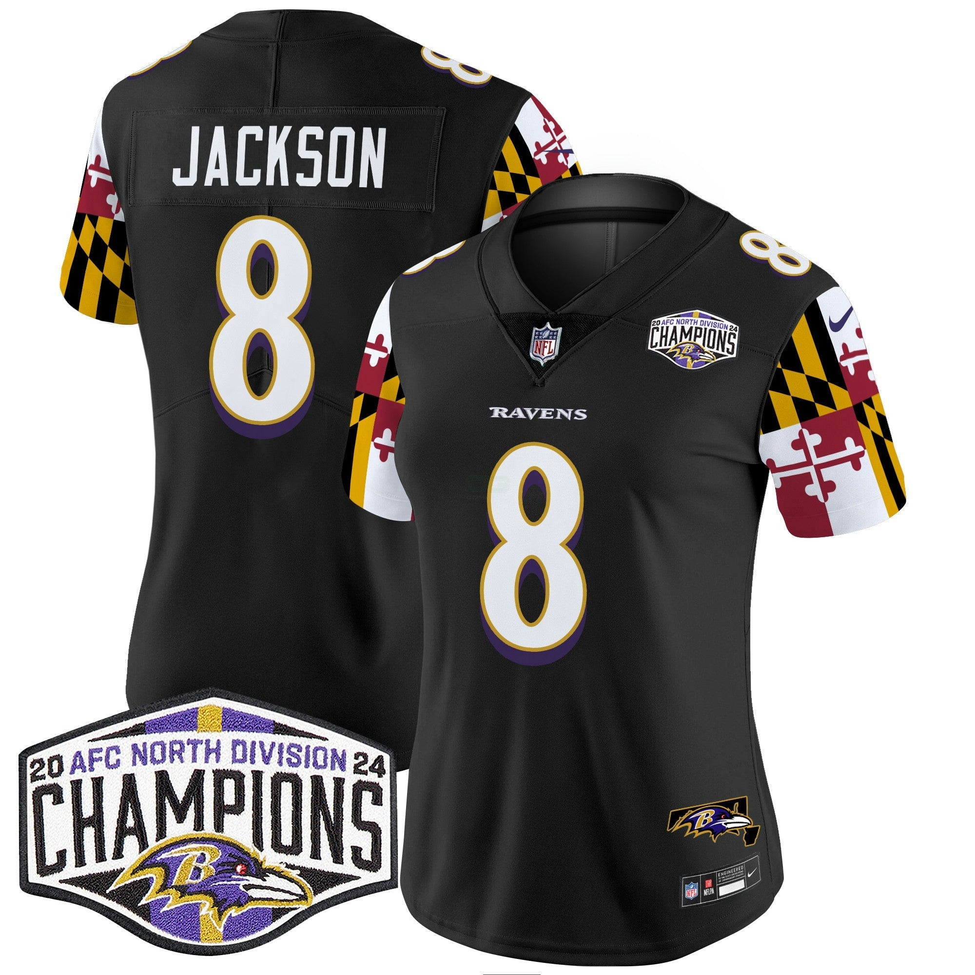 Camisa NFL Women’s Maryland Flag 2024 AFC North Division Champions Patch Vapor Limited Jersey