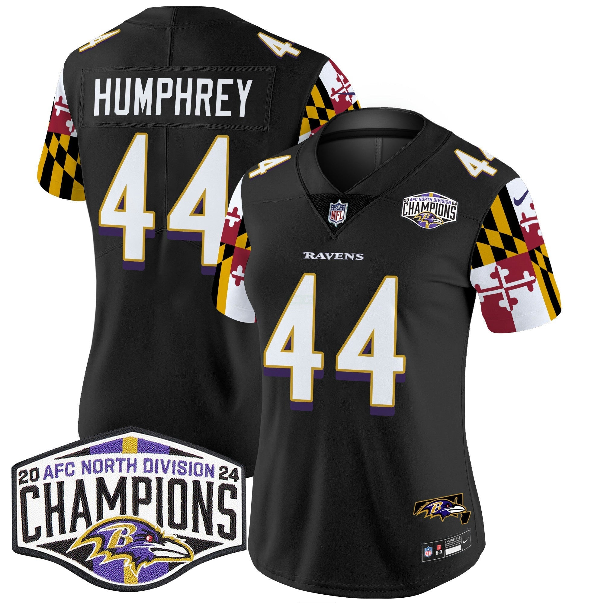 Camisa NFL Women’s Maryland Flag 2024 AFC North Division Champions Patch Vapor Limited Jersey
