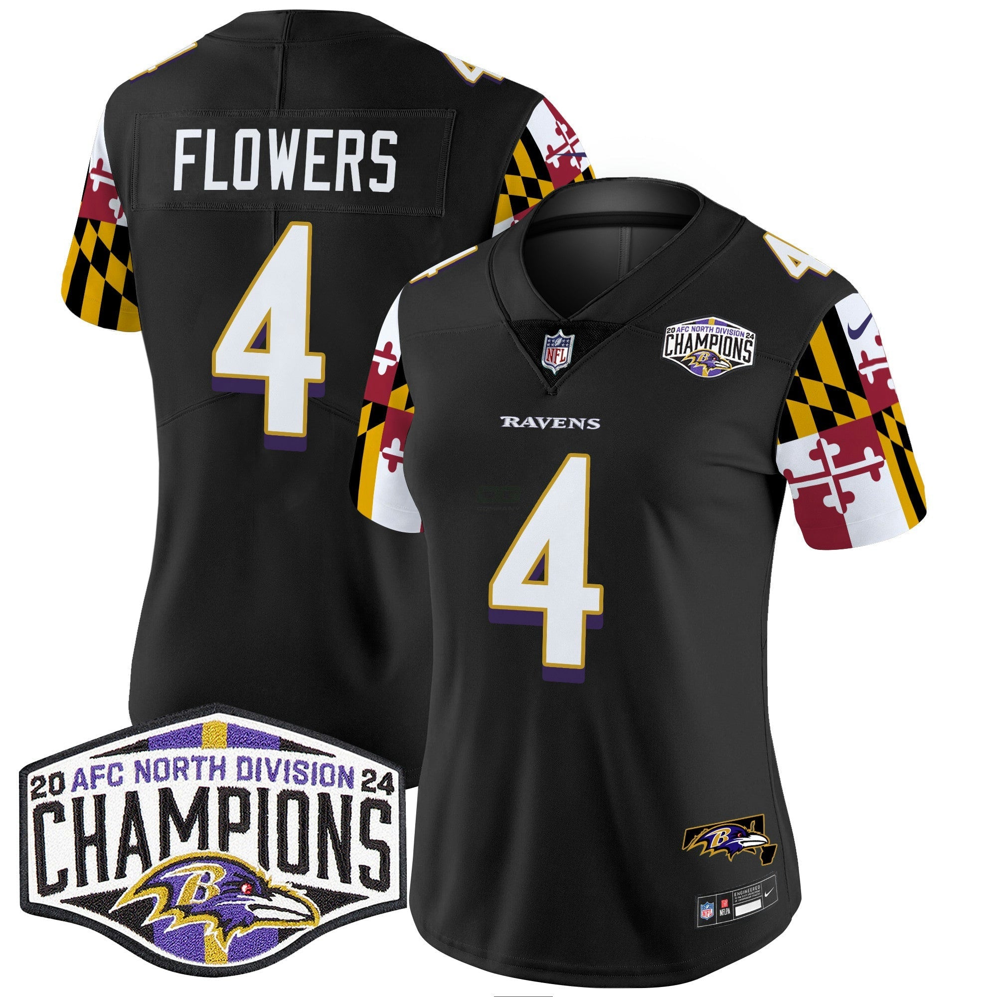 Camisa NFL Women’s Maryland Flag 2024 AFC North Division Champions Patch Vapor Limited Jersey