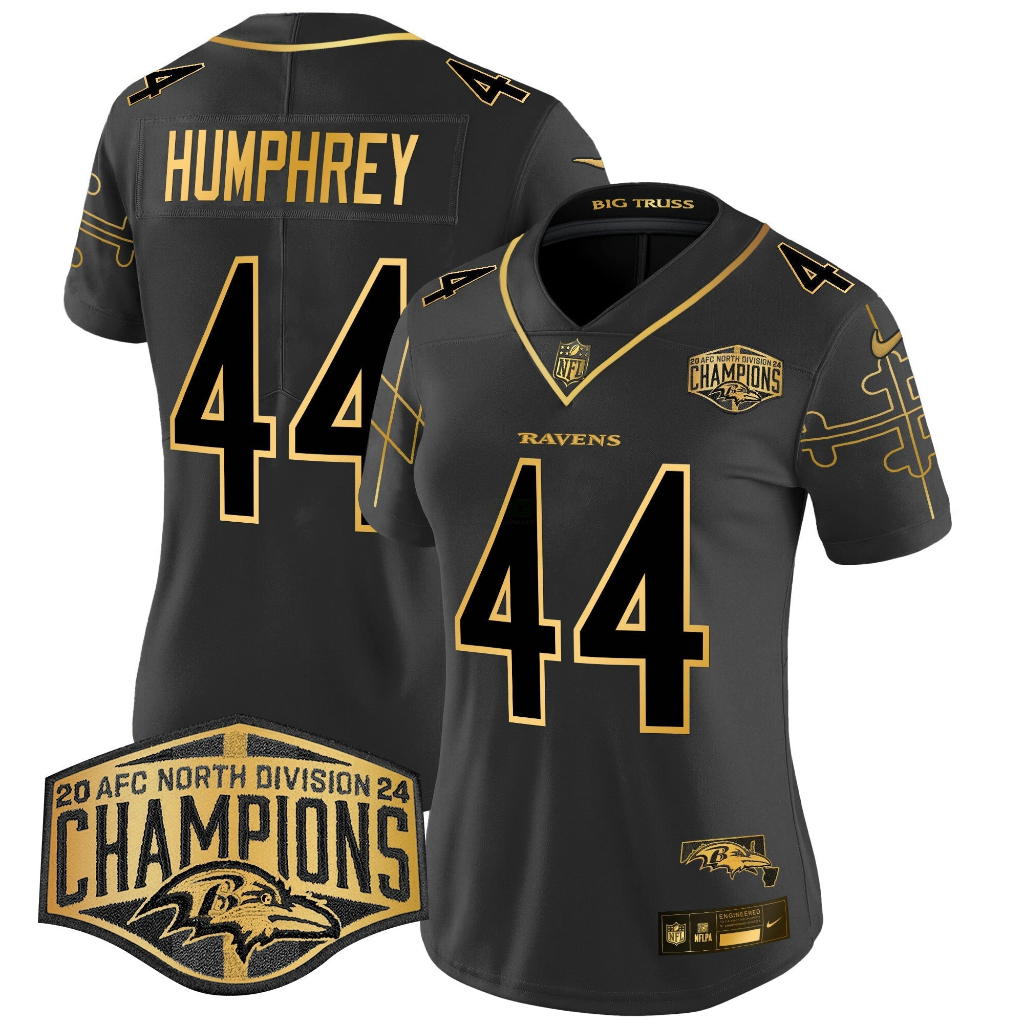 Camisa NFL Women’s Maryland Flag Map 2024 AFC North Division Champions Patch Dourada Vapor Limited Jersey