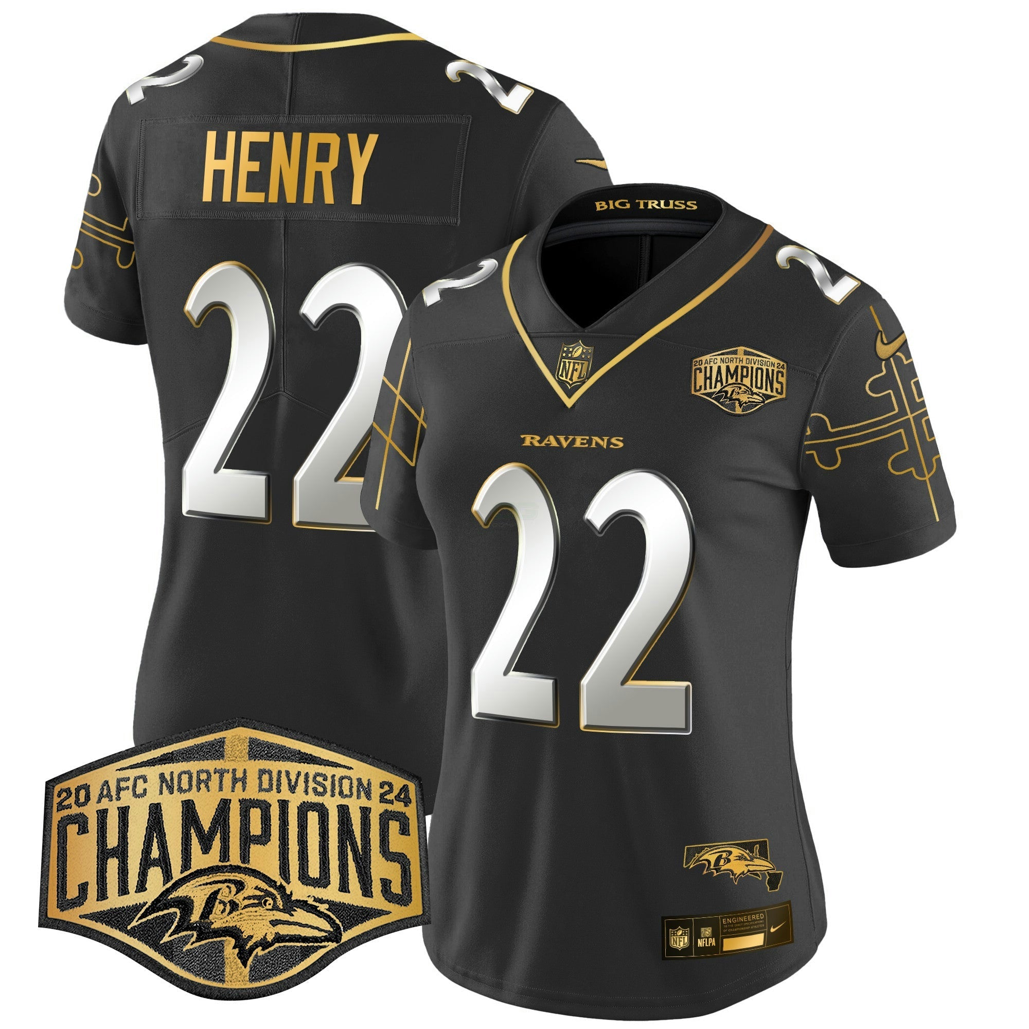 Camisa NFL Women’s Maryland Flag Map 2024 AFC North Division Champions Patch Dourada Vapor Limited Jersey