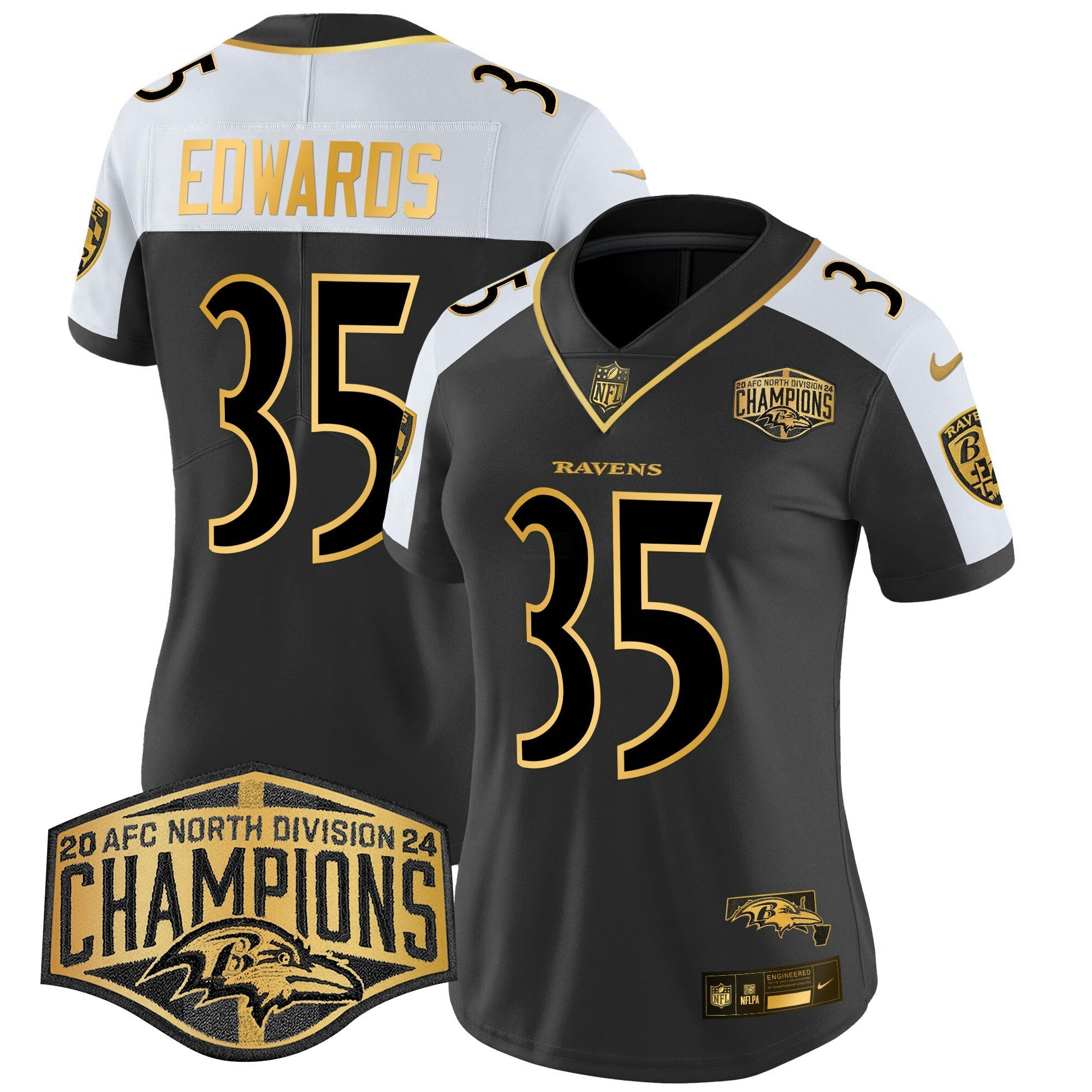 Camisa NFL Women’s Maryland Flag Map 2024 AFC North Division Champions Patch Dourada Vapor Limited Jersey