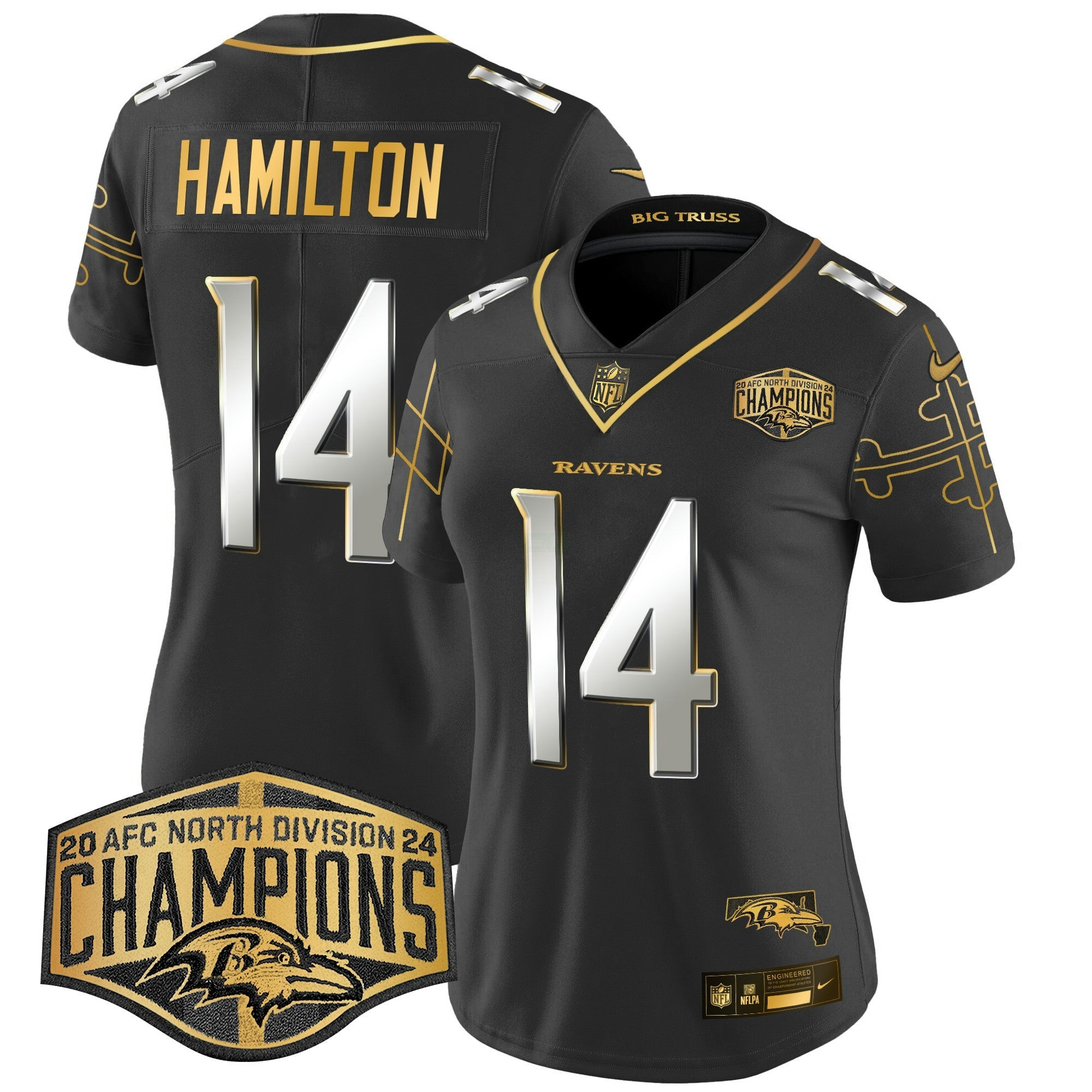 Camisa NFL Women’s Maryland Flag Map 2024 AFC North Division Champions Patch Dourada Vapor Limited Jersey