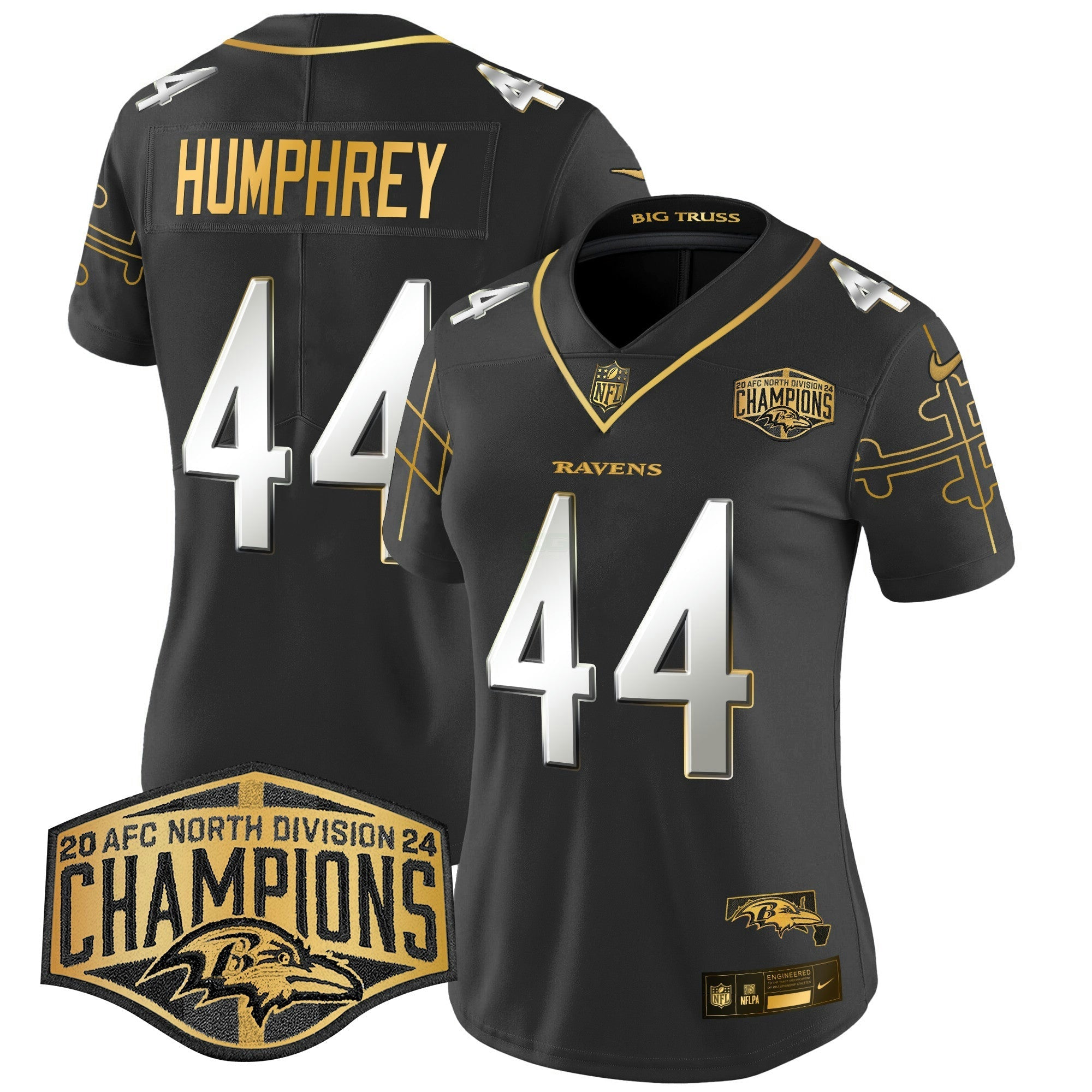 Camisa NFL Women’s Maryland Flag Map 2024 AFC North Division Champions Patch Dourada Vapor Limited Jersey