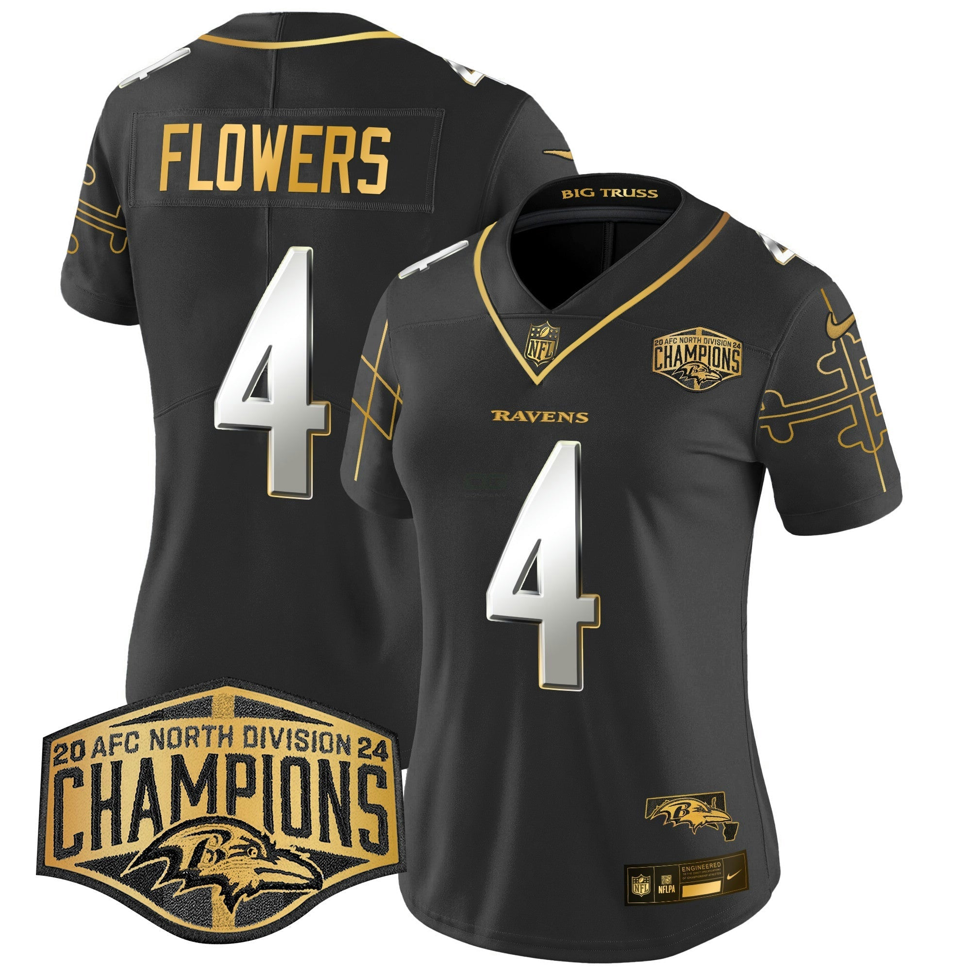 Camisa NFL Women’s Maryland Flag Map 2024 AFC North Division Champions Patch Dourada Vapor Limited Jersey