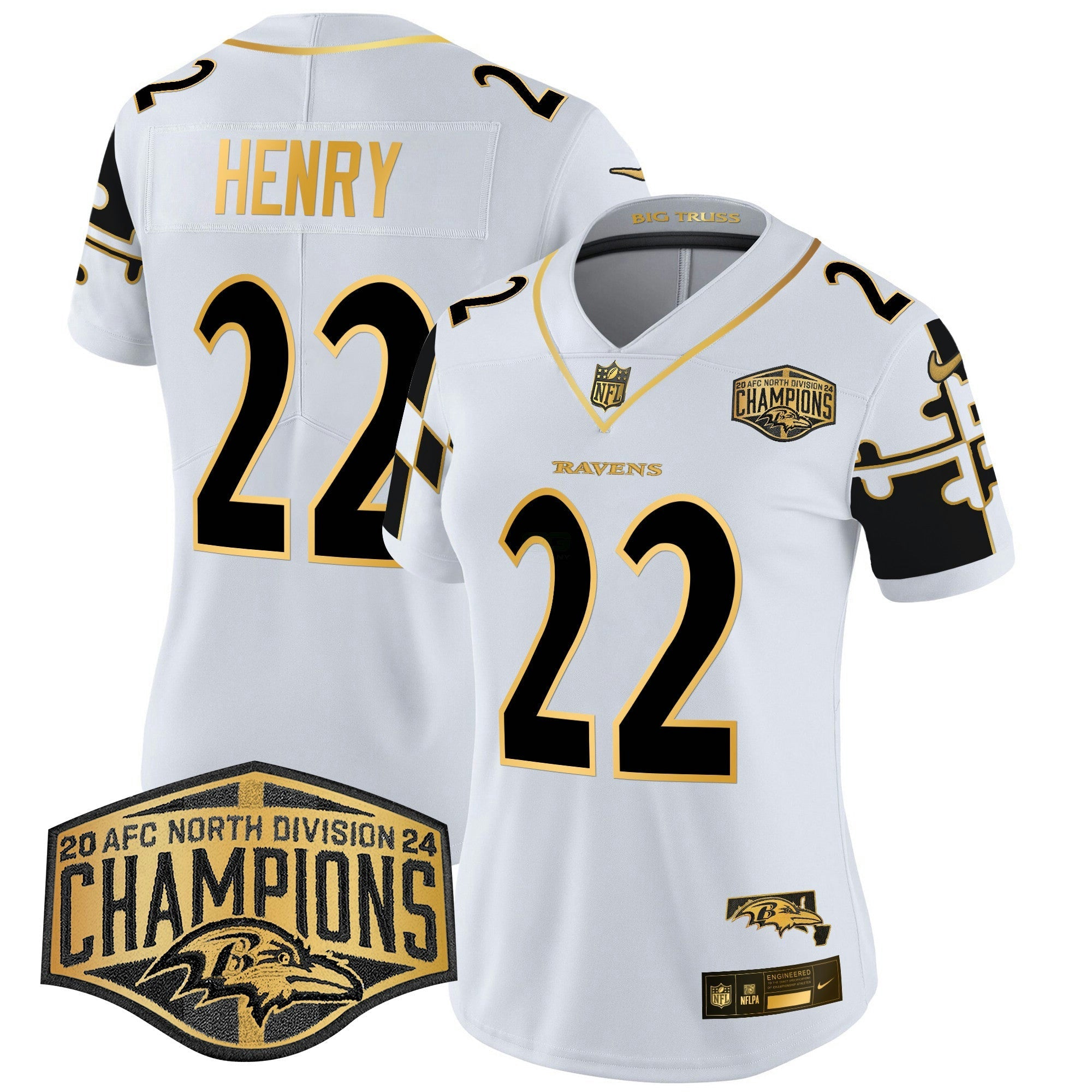 Camisa NFL Women’s Maryland Flag Map 2024 AFC North Division Champions Patch Dourada Vapor Limited Jersey