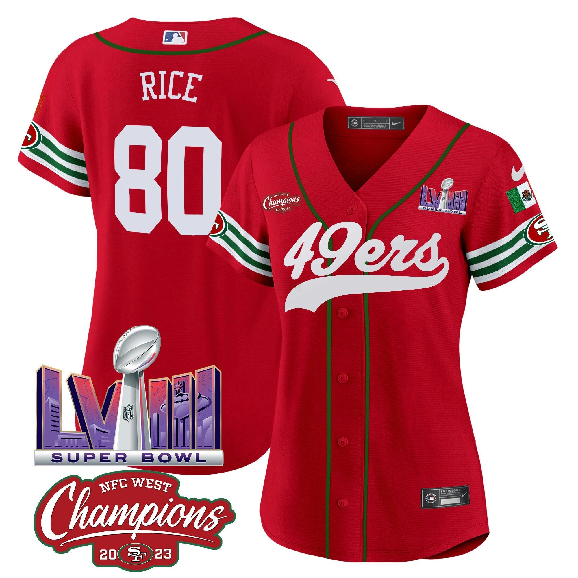 Camisa NFL Women’s Mexico NFC West Champions & Super Bowl LVIII Patch Jersey