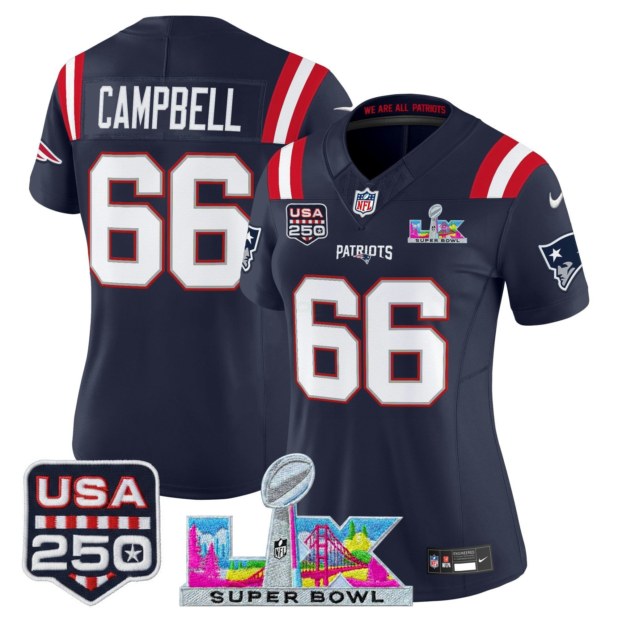 Camisa NFL Women’s New England “Super Bowl LX & United States 250th Anniversary Patch” Vapor Limited Jersey