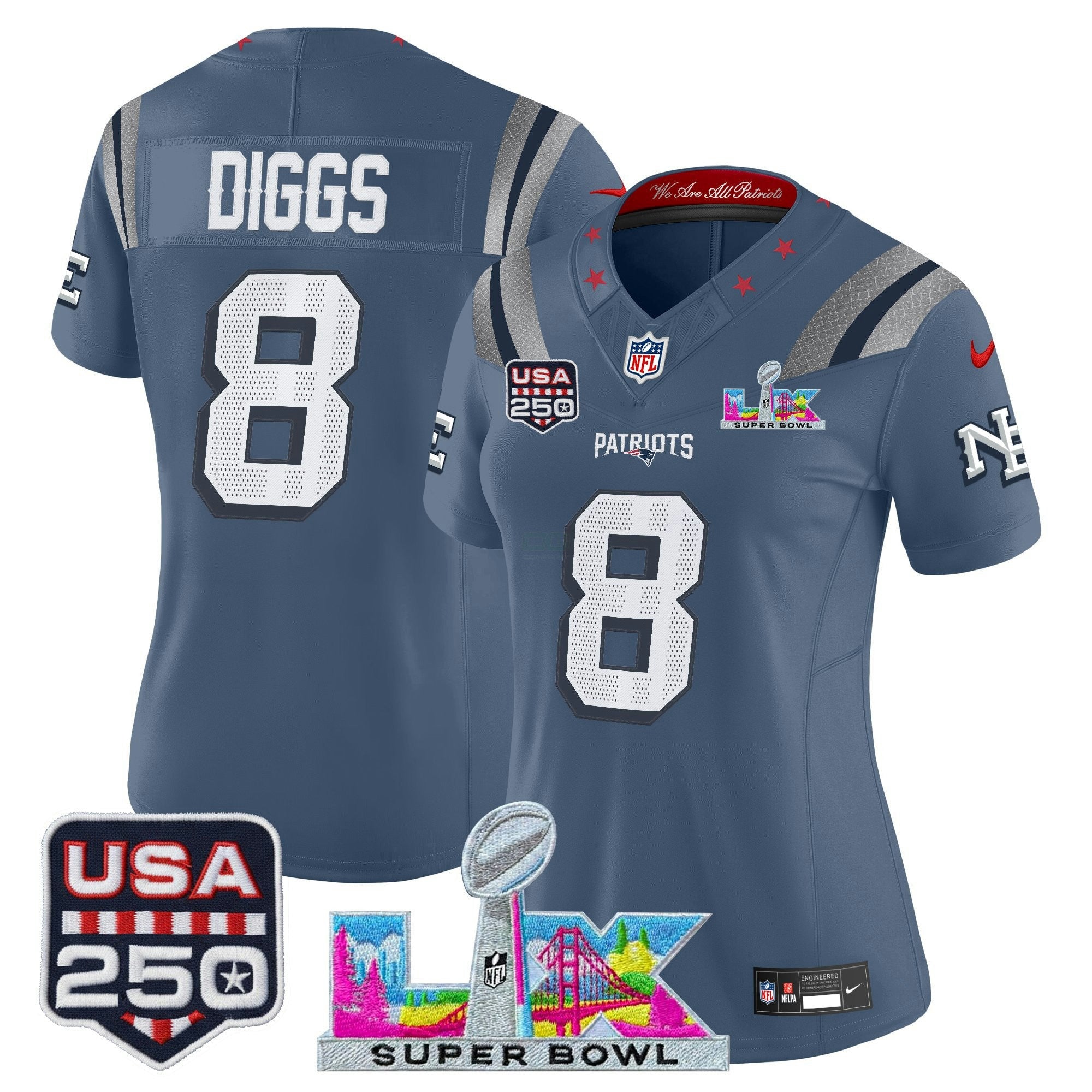 Camisa NFL Women’s New England “Super Bowl LX & United States 250th Anniversary Patch” Vapor Limited Jersey