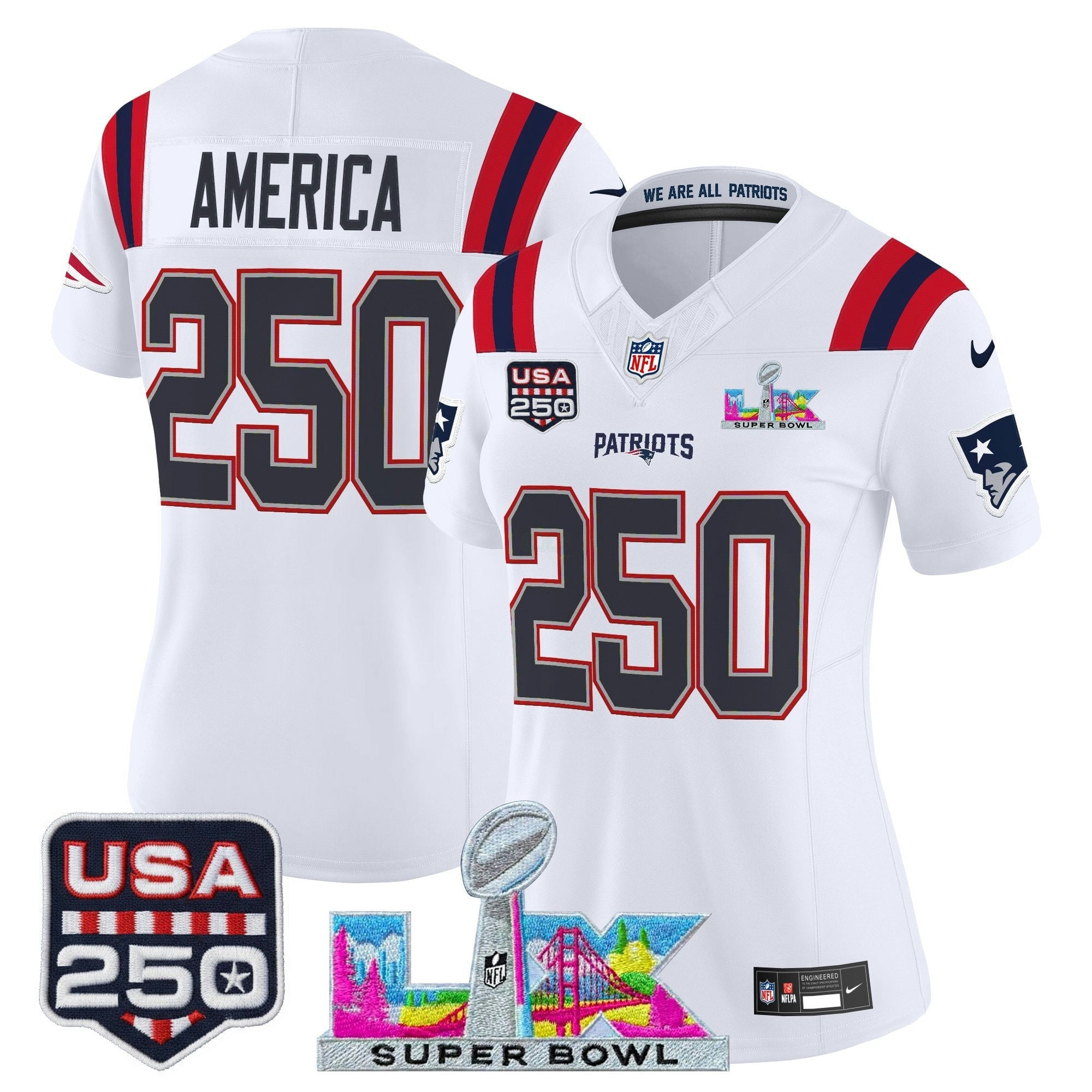 Camisa NFL Women’s New England “Super Bowl LX & United States 250th Anniversary Patch” Vapor Limited Jersey