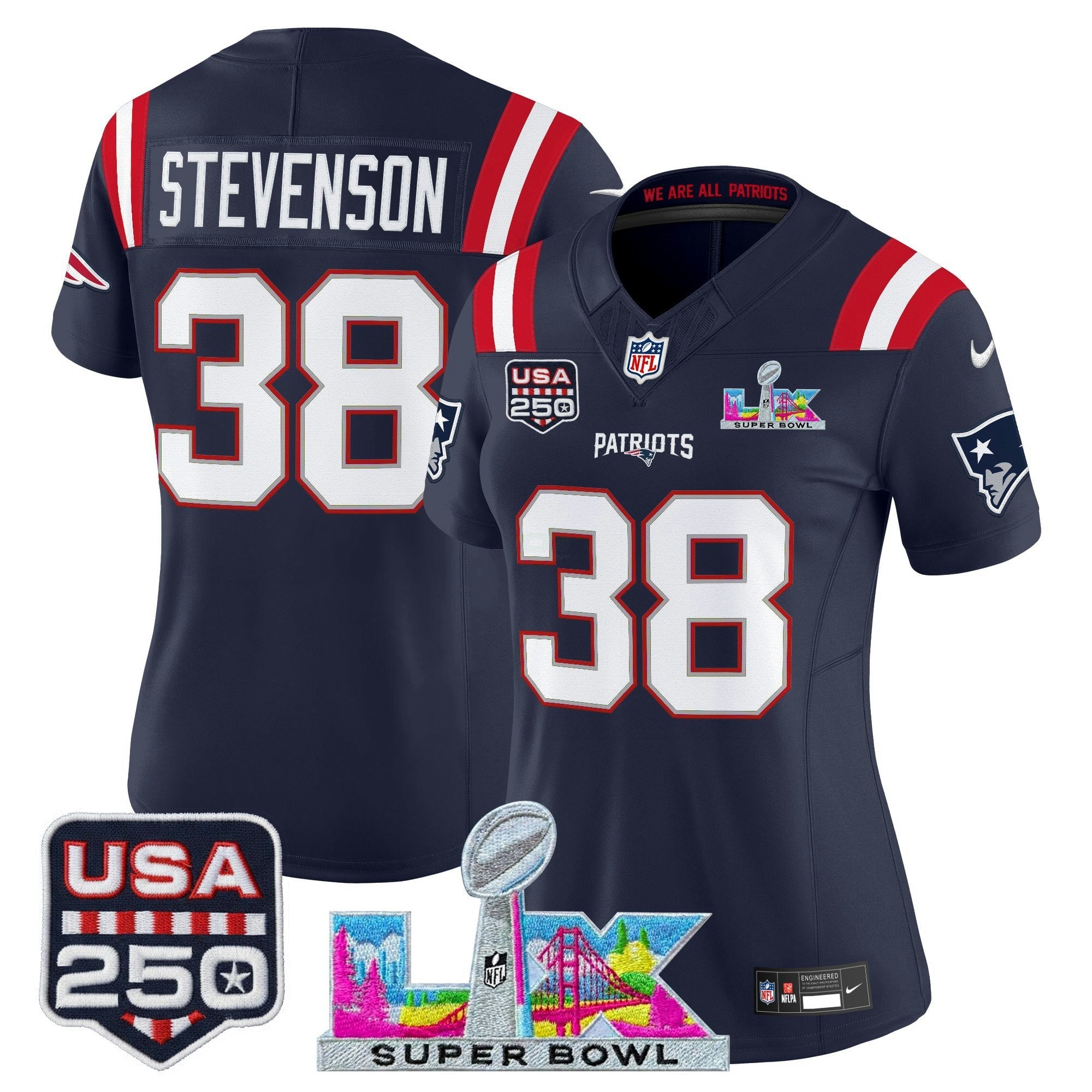 Camisa NFL Women’s New England “Super Bowl LX & United States 250th Anniversary Patch” Vapor Limited Jersey