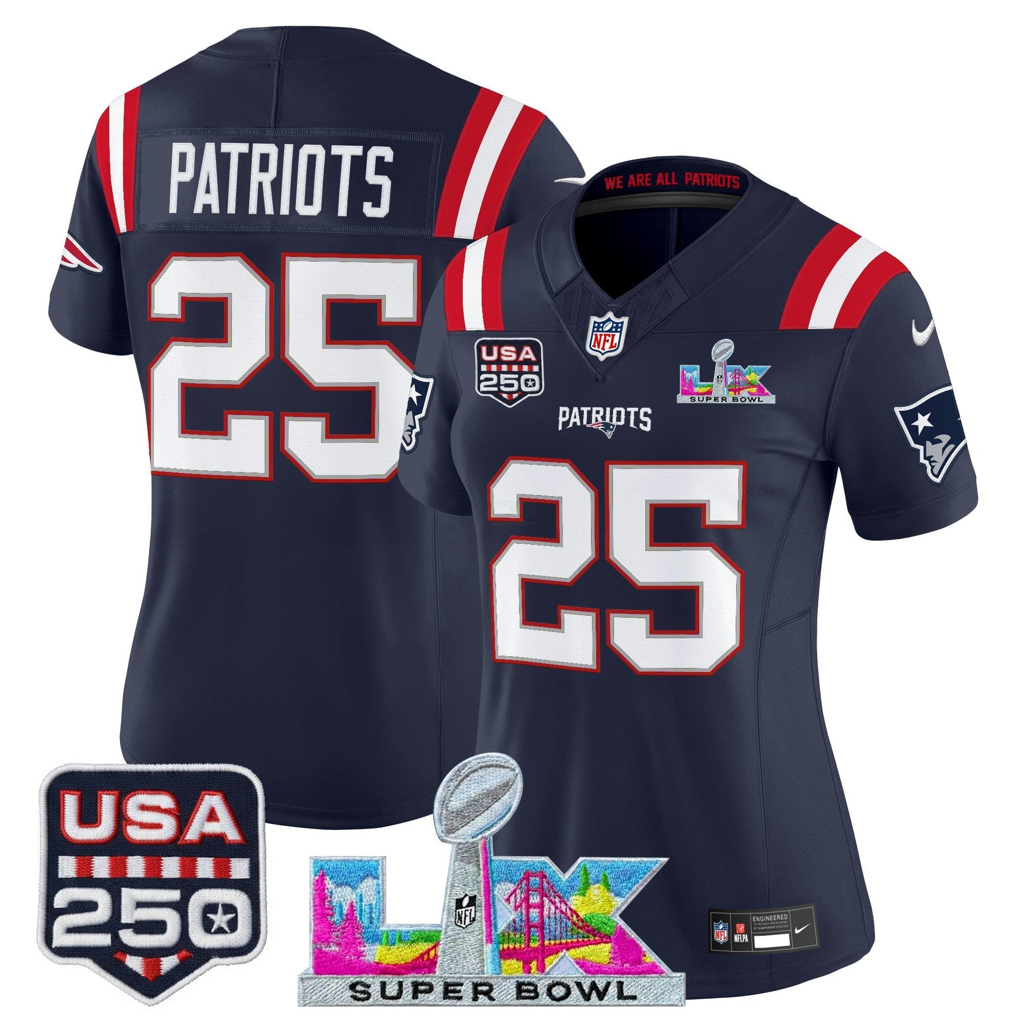 Camisa NFL Women’s New England “Super Bowl LX & United States 250th Anniversary Patch” Vapor Limited Jersey