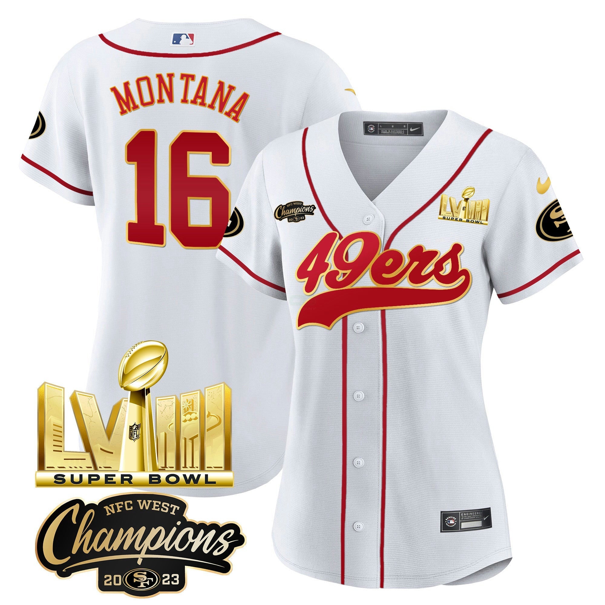 Camisa NFL Women’s NFC West Champions & Super Bowl LVIII Dourada Patch Jersey