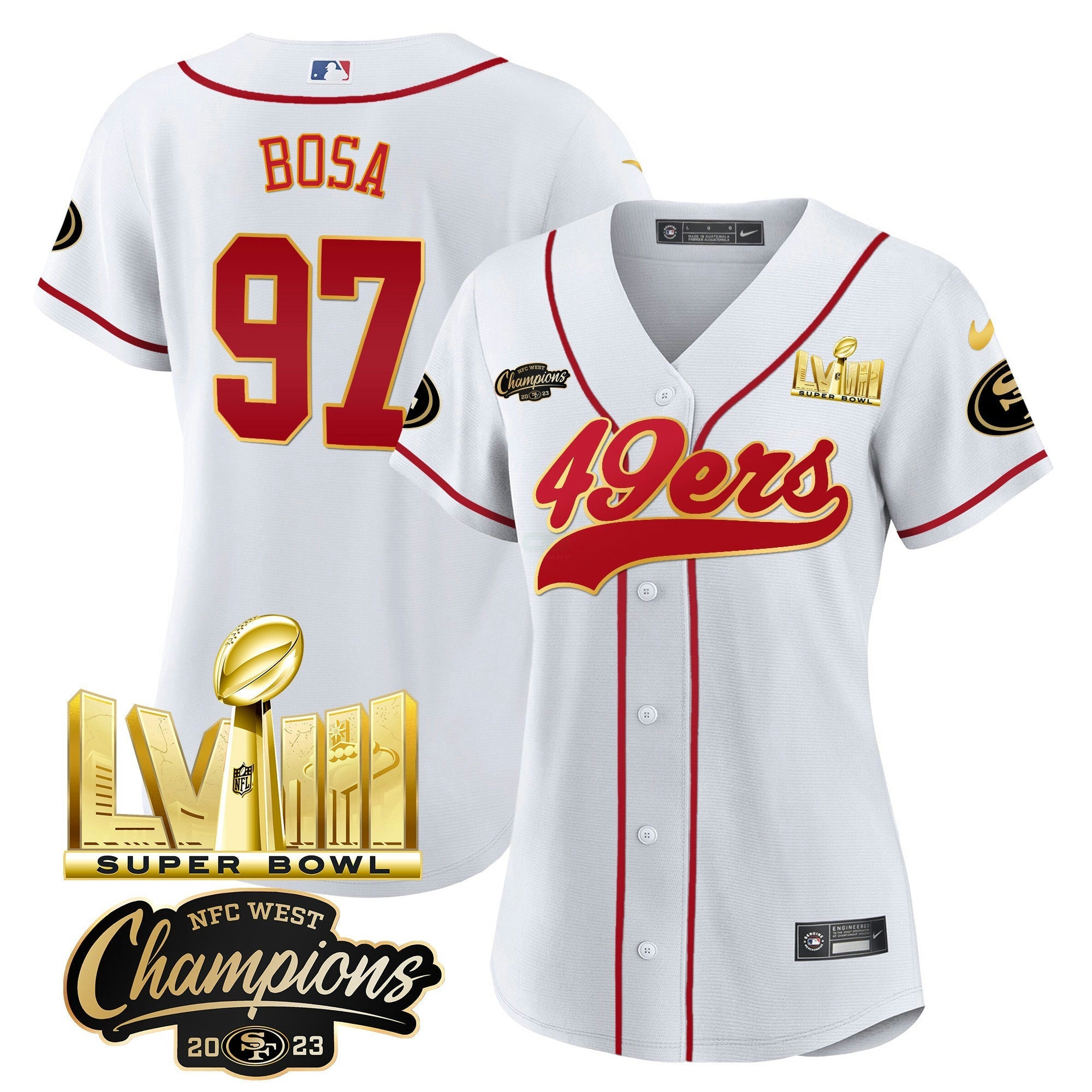 Camisa NFL Women’s NFC West Champions & Super Bowl LVIII Dourada Patch Jersey