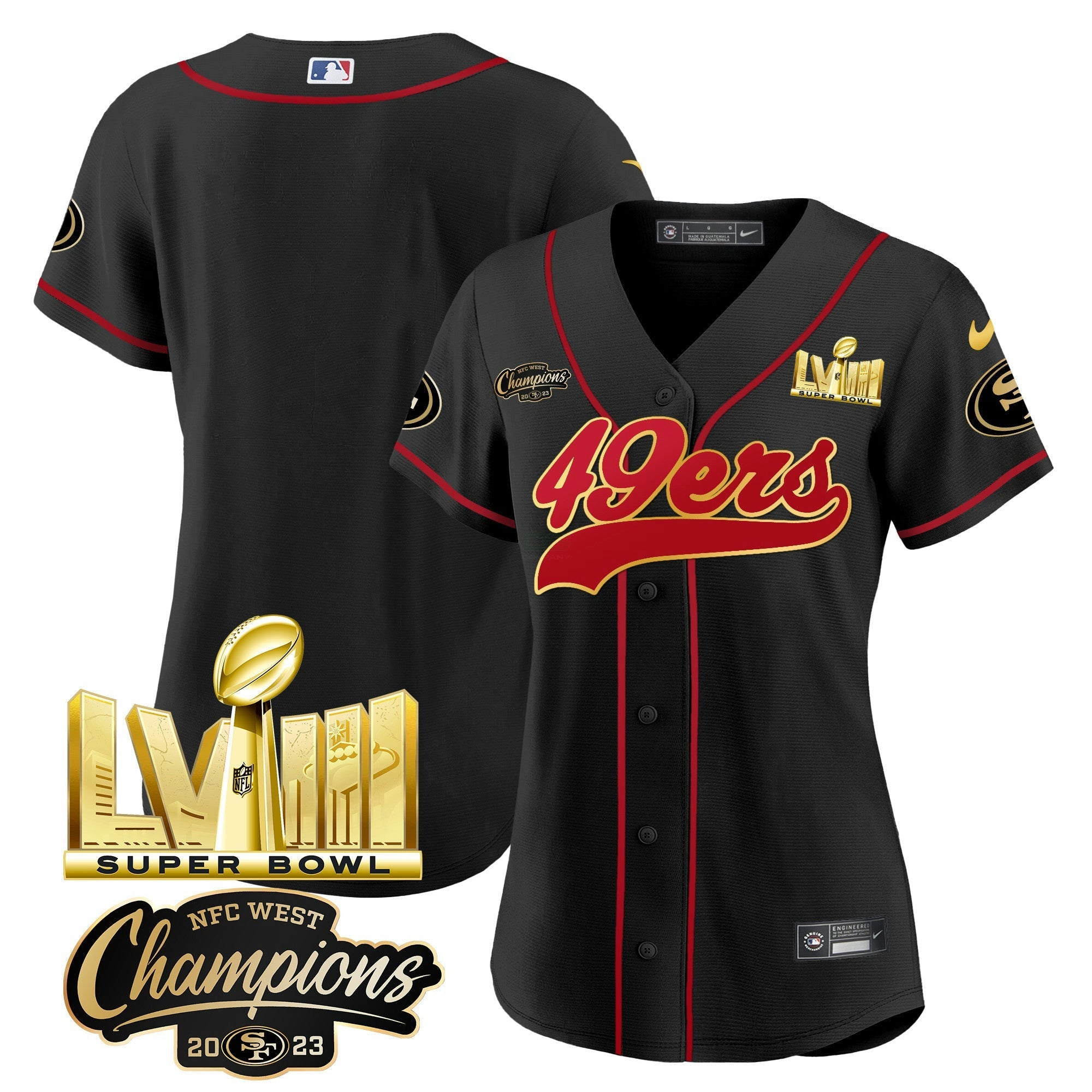 Camisa NFL Women’s NFC West Champions & Super Bowl LVIII Dourada Patch Jersey