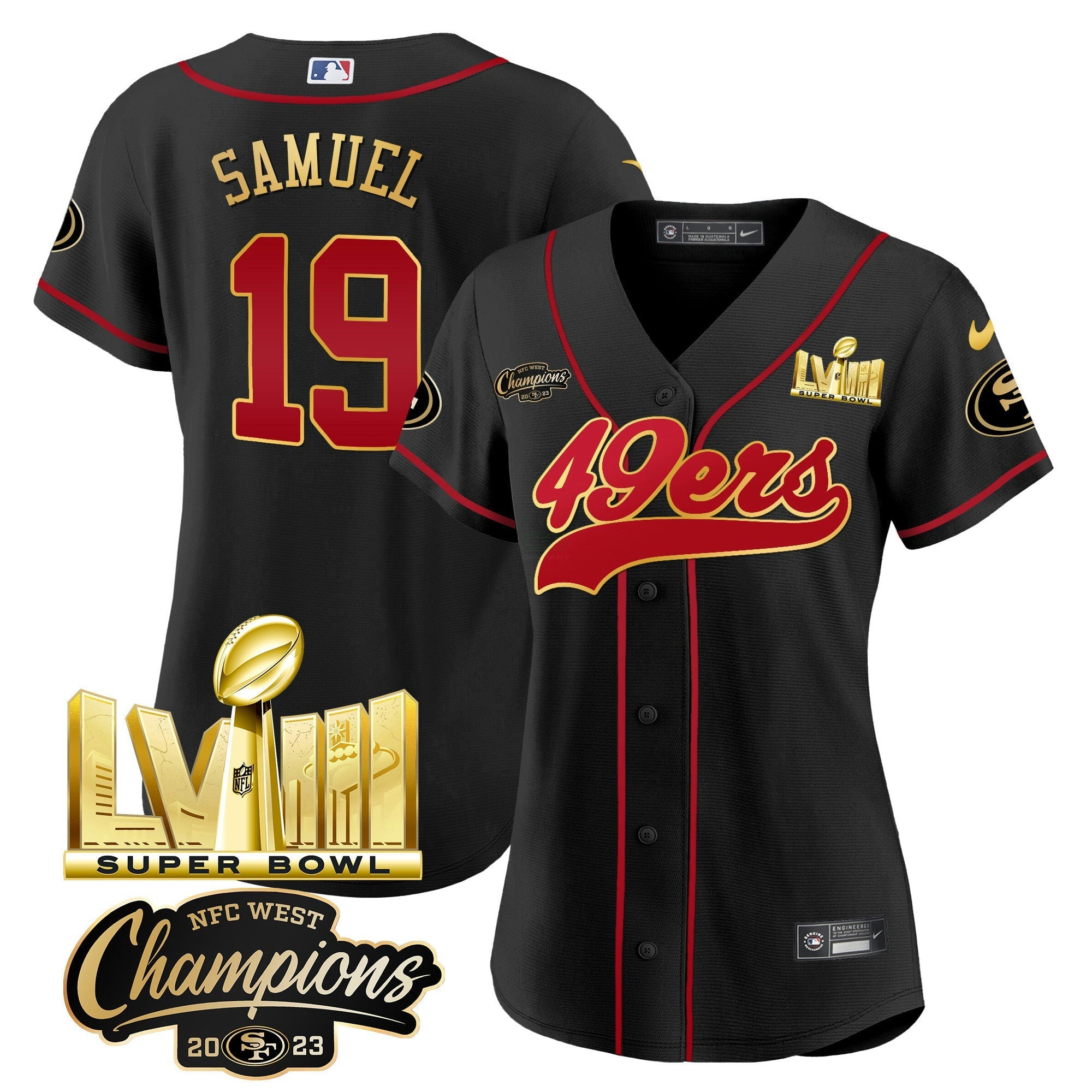 Camisa NFL Women’s NFC West Champions & Super Bowl LVIII Dourada Patch Jersey