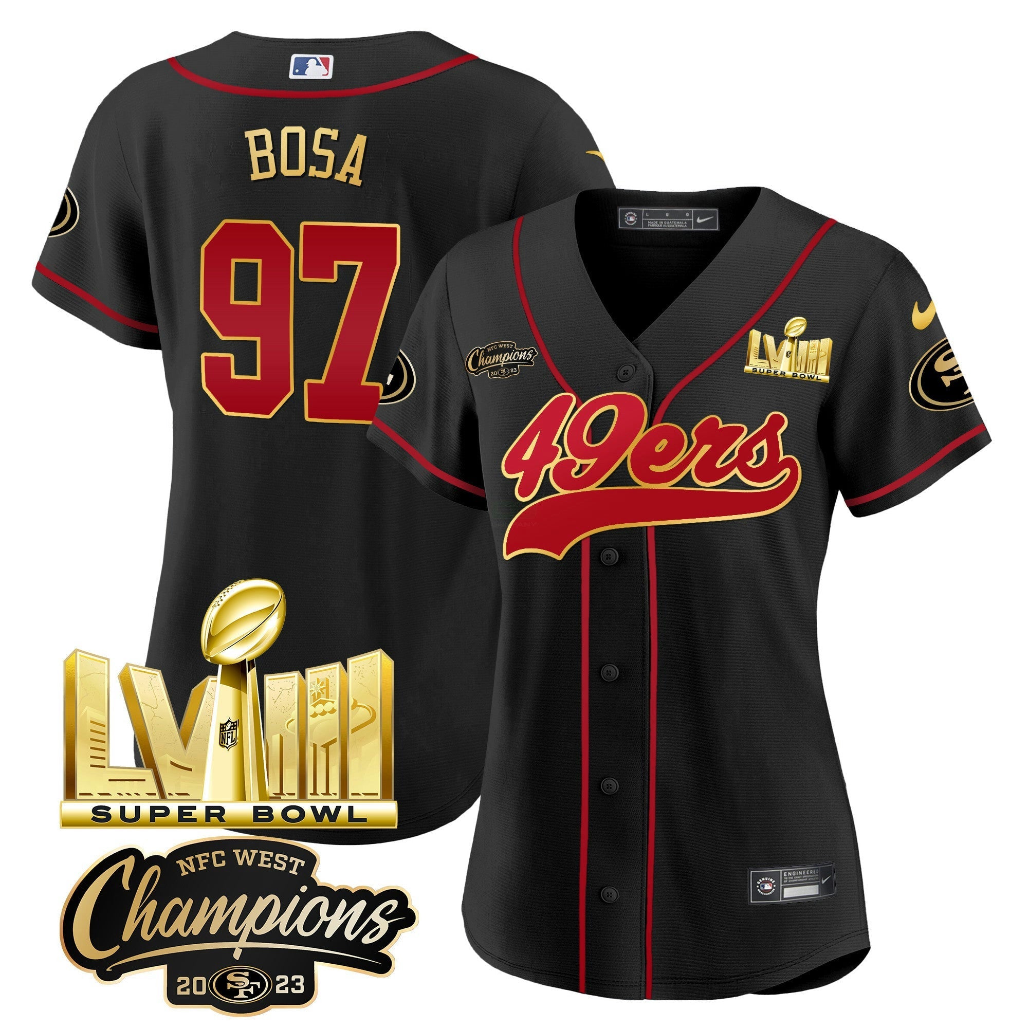 Camisa NFL Women’s NFC West Champions & Super Bowl LVIII Dourada Patch Jersey