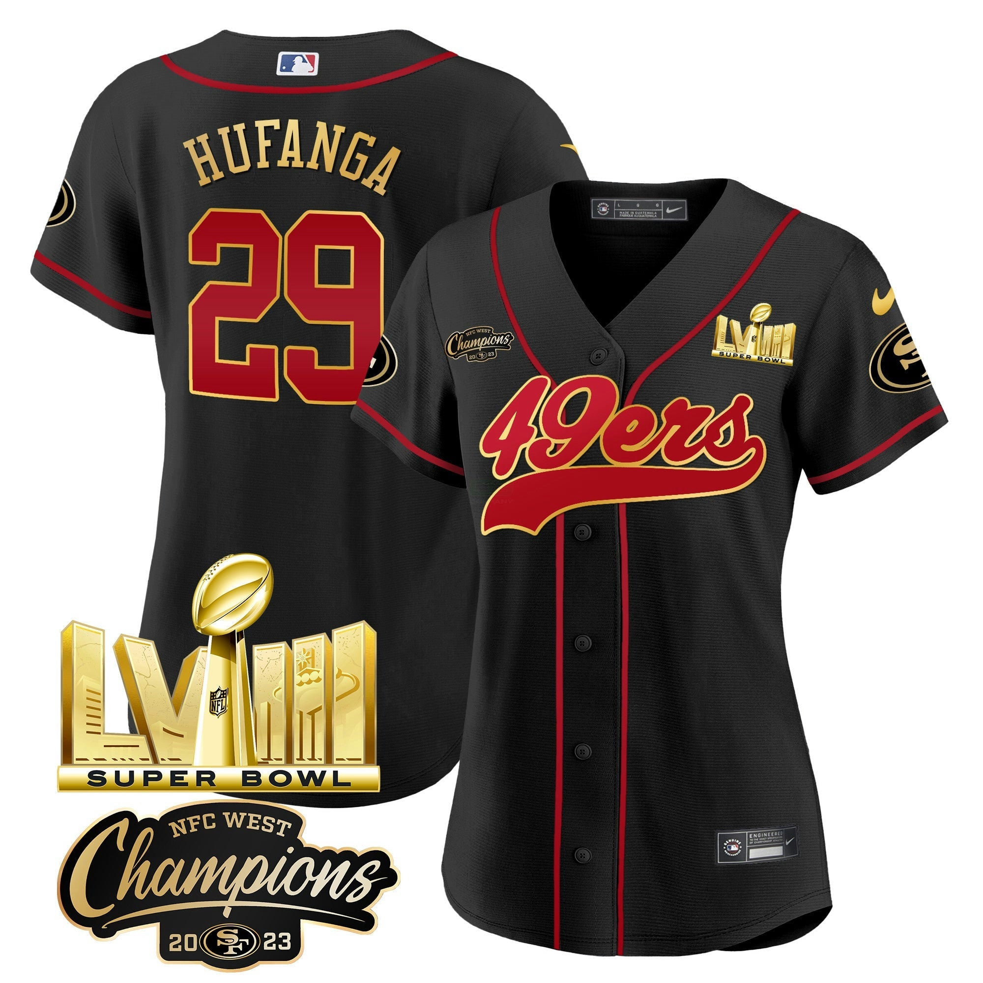 Camisa NFL Women’s NFC West Champions & Super Bowl LVIII Dourada Patch Jersey