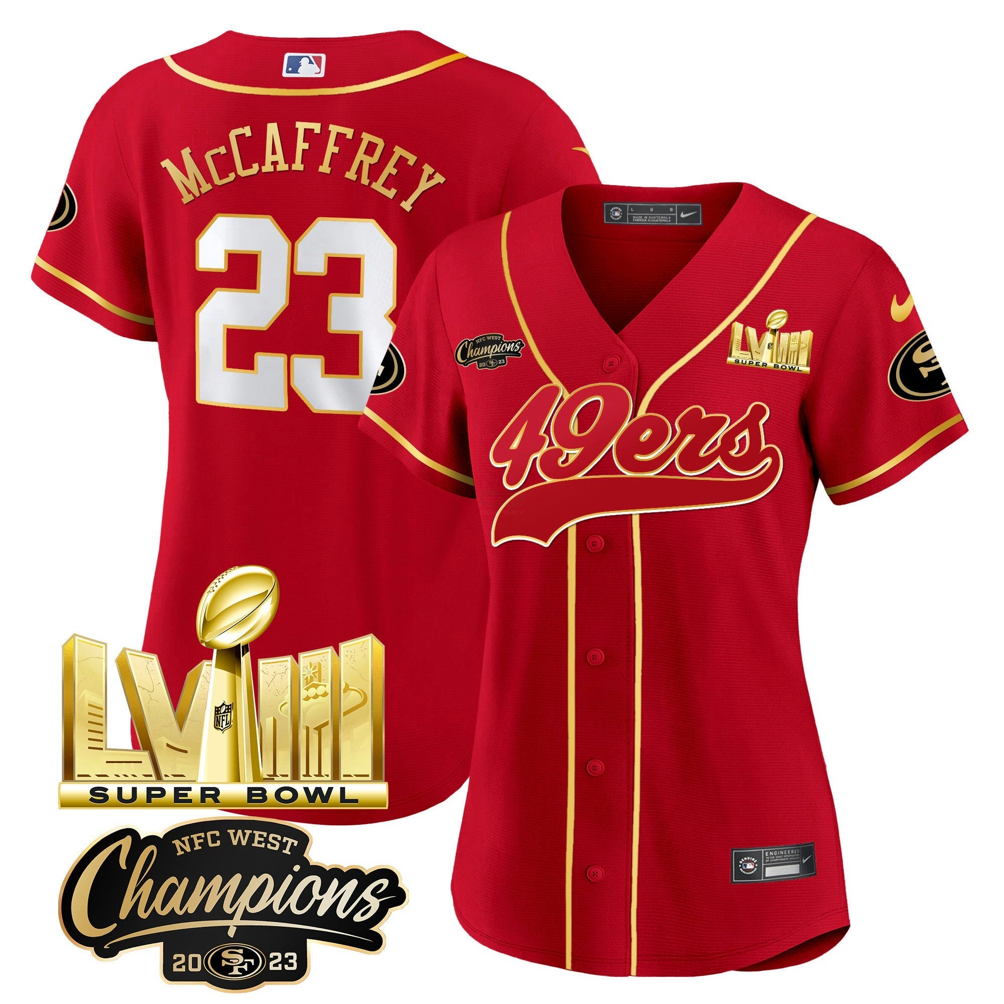 Camisa NFL Women’s NFC West Champions & Super Bowl LVIII Dourada Patch Jersey