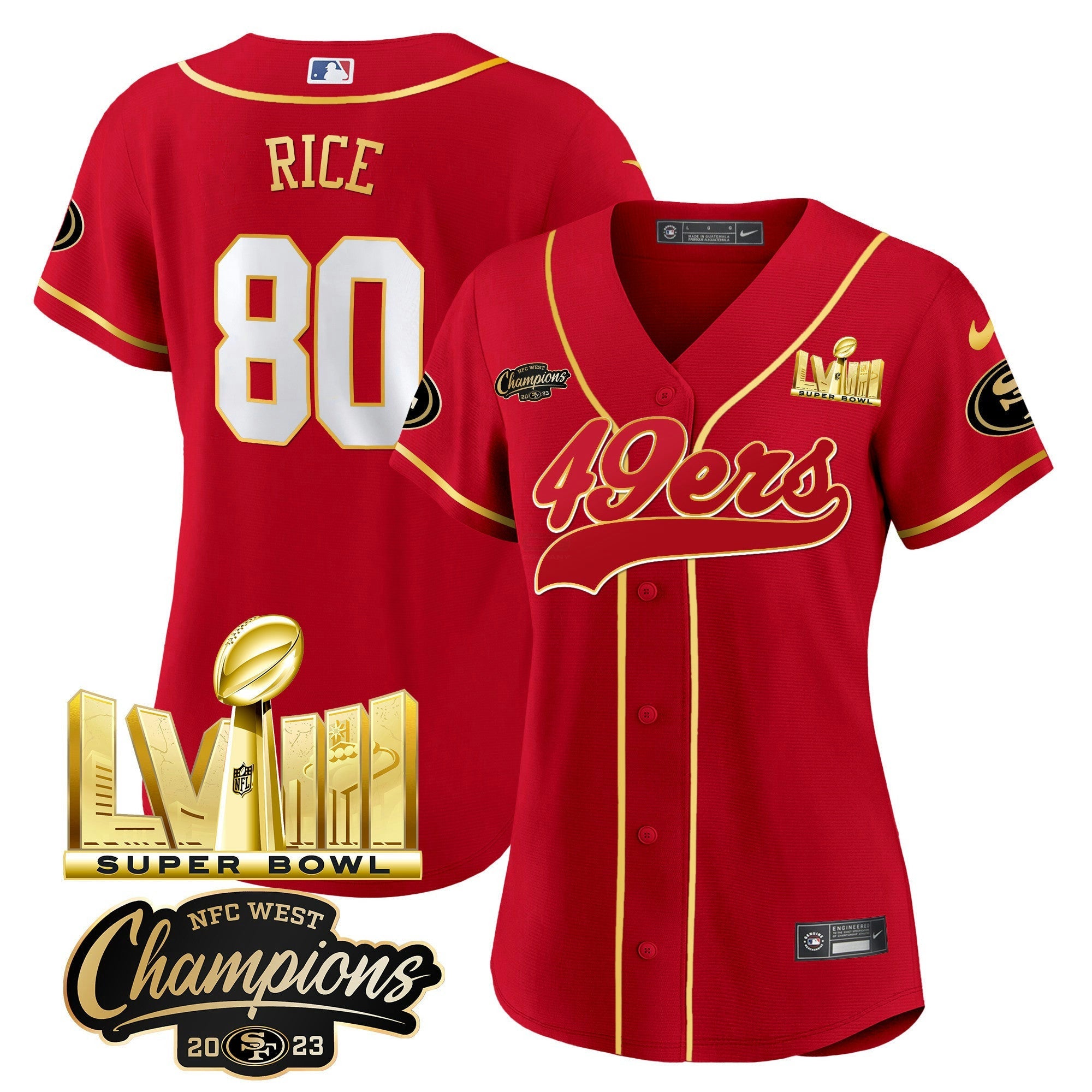 Camisa NFL Women’s NFC West Champions & Super Bowl LVIII Dourada Patch Jersey
