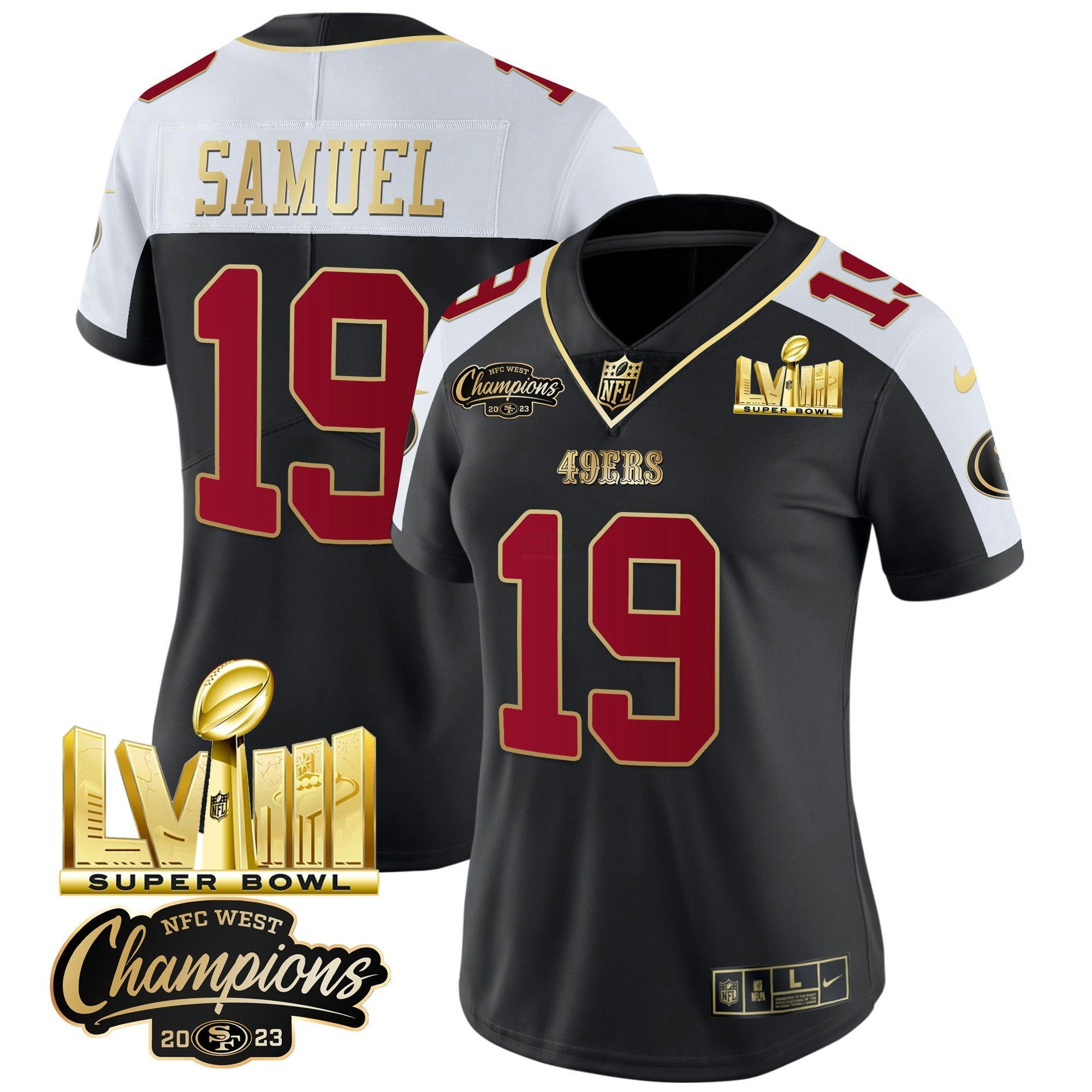 Camisa NFL Women’s NFC West Champions & Super Bowl LVIII Dourada Patch Vapor Jersey V2