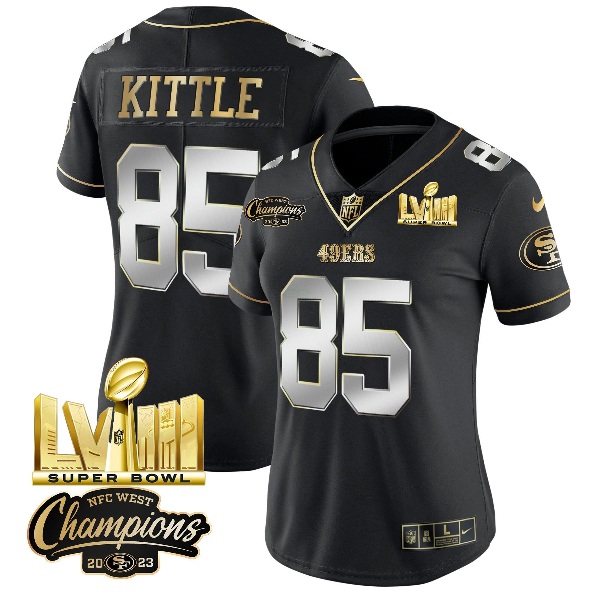 Camisa NFL Women’s NFC West Champions & Super Bowl LVIII Dourada Patch Vapor Jersey V2