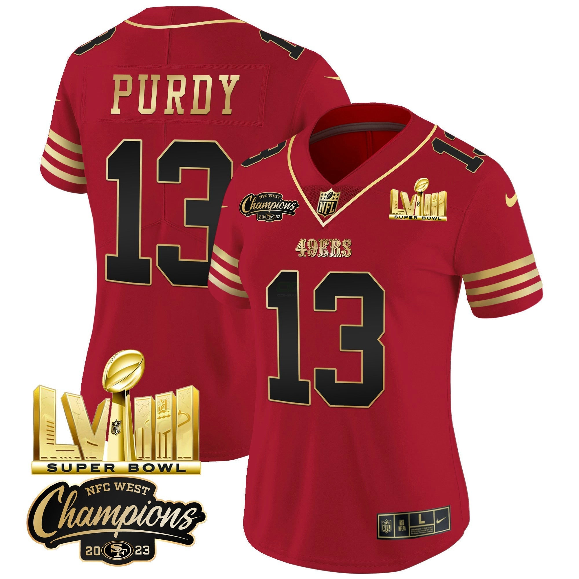 Camisa NFL Women’s NFC West Champions & Super Bowl LVIII Dourada Patch Vapor Jersey V2