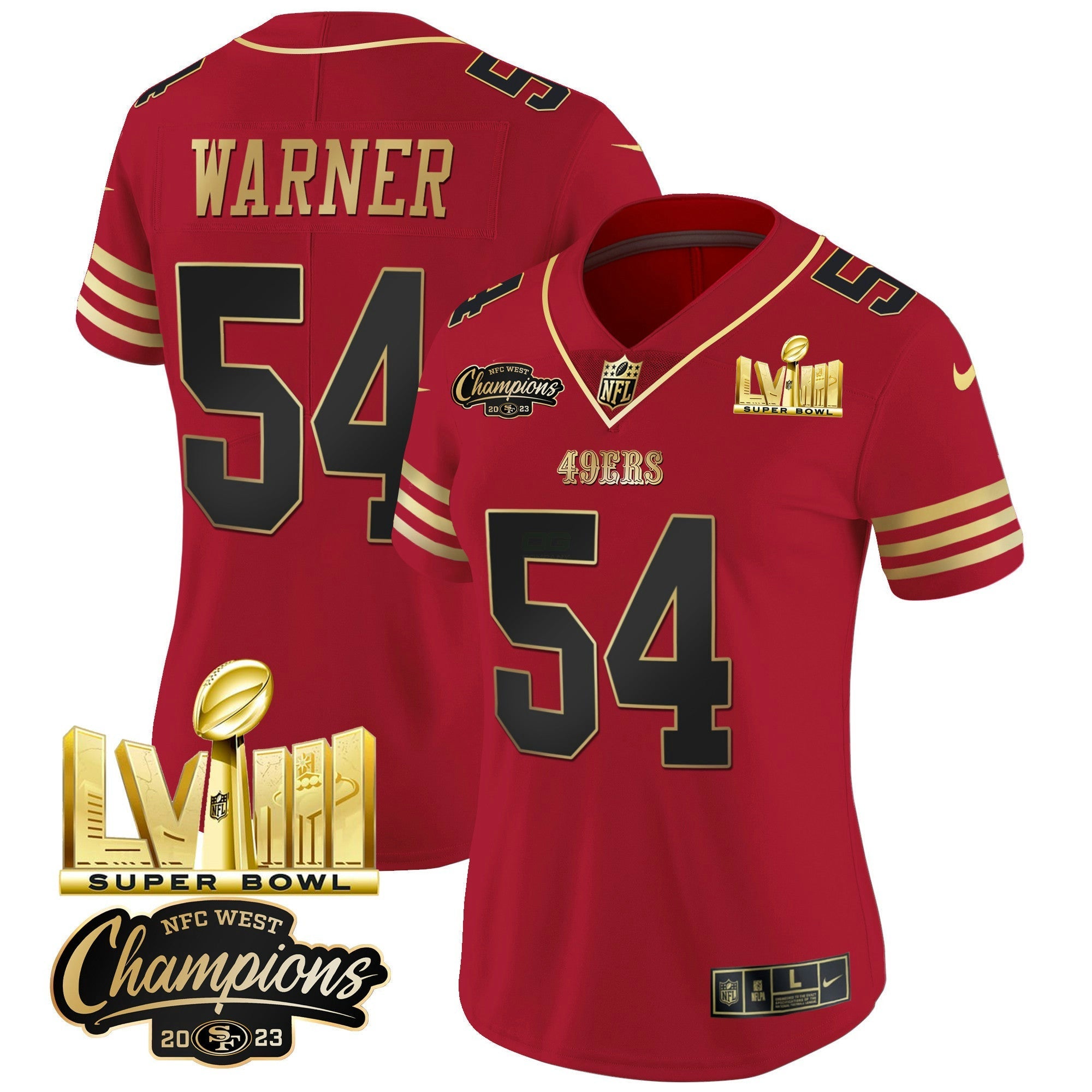 Camisa NFL Women’s NFC West Champions & Super Bowl LVIII Dourada Patch Vapor Jersey V2