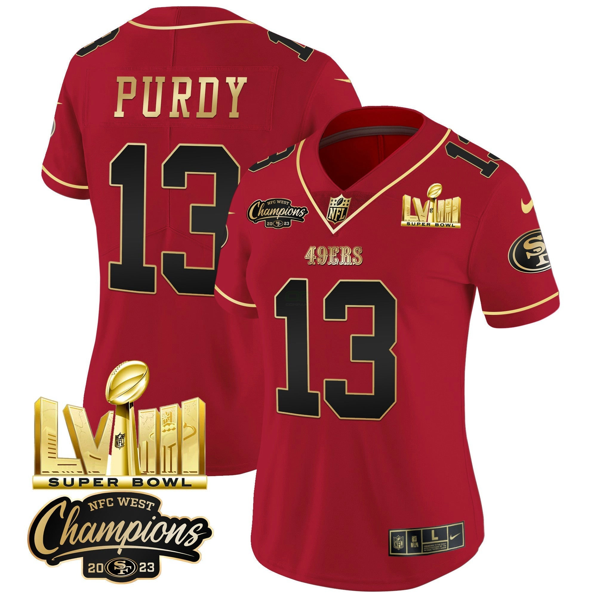 Camisa NFL Women’s NFC West Champions & Super Bowl LVIII Dourada Patch Vapor Jersey V2