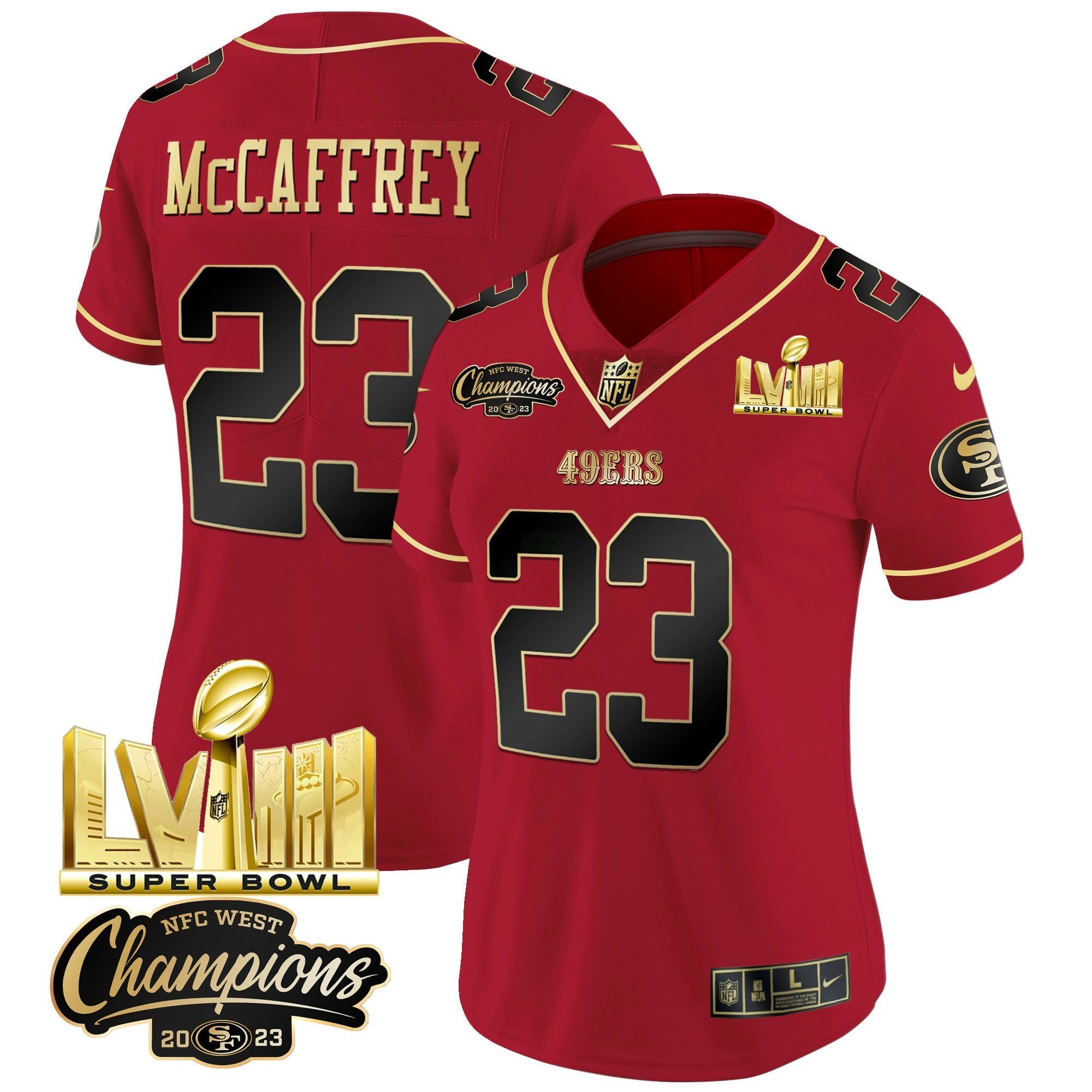 Camisa NFL Women’s NFC West Champions & Super Bowl LVIII Dourada Patch Vapor Jersey V2