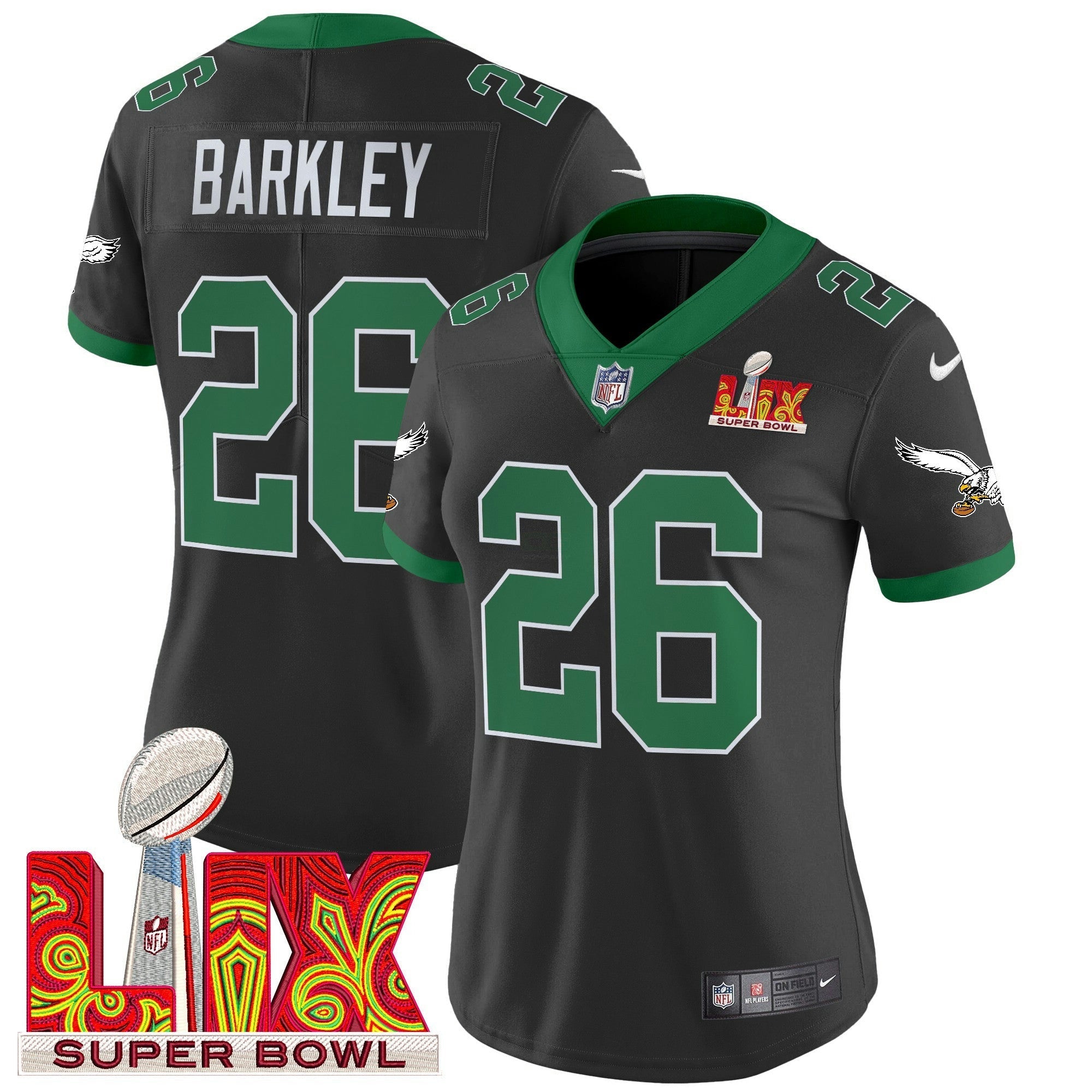 Camisa NFL Women’s Philadelphia Kelly Green Super Bowl LIX Patch Vapor Limited Jersey