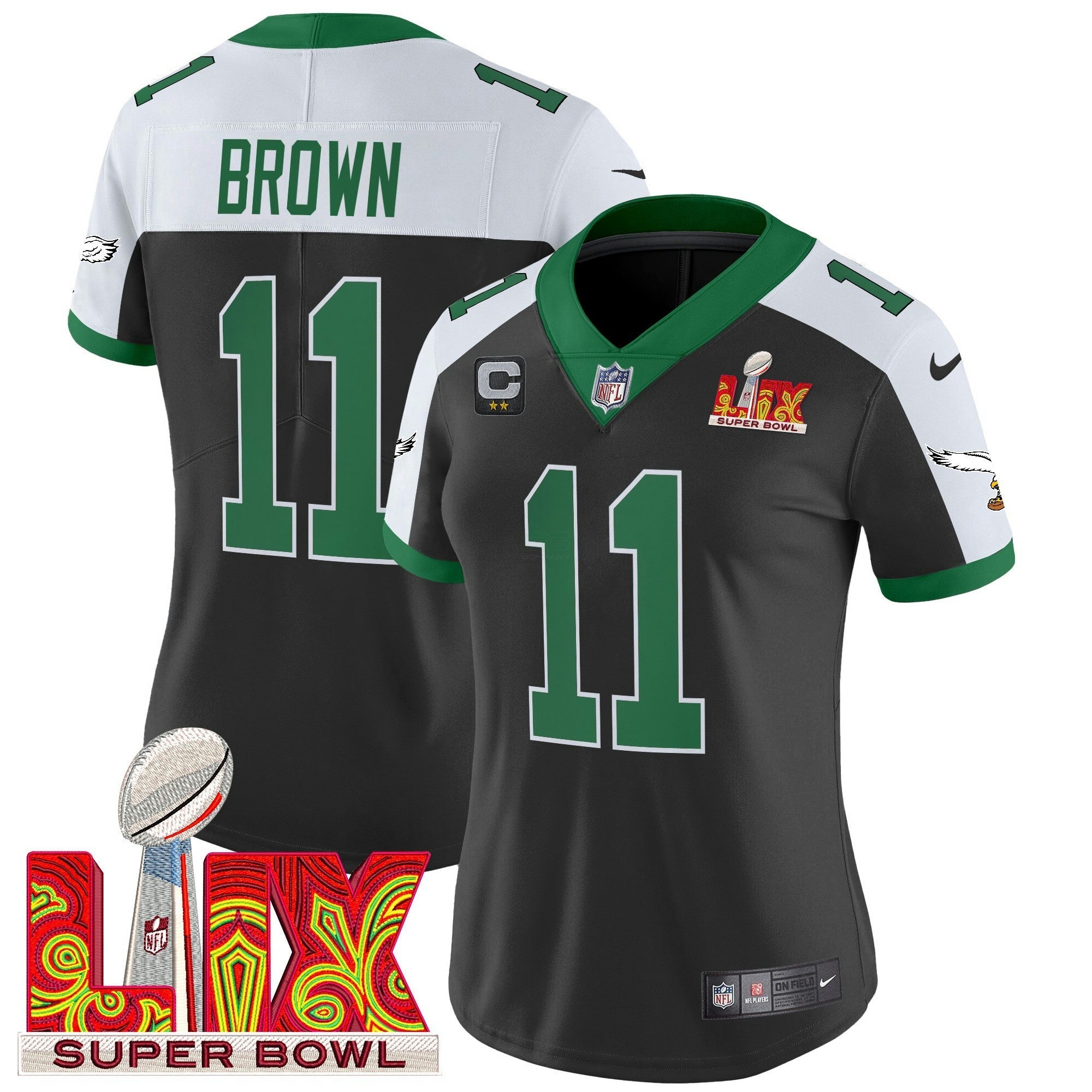 Camisa NFL Women’s Philadelphia Kelly Green Super Bowl LIX Patch Vapor Limited Jersey
