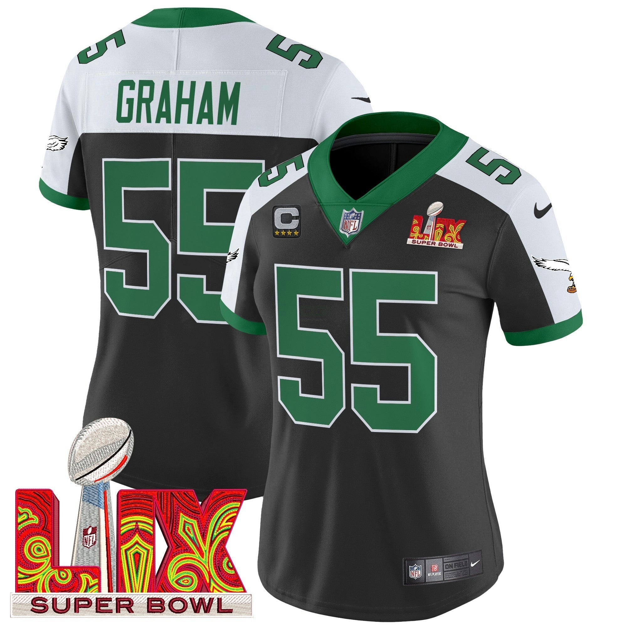 Camisa NFL Women’s Philadelphia Kelly Green Super Bowl LIX Patch Vapor Limited Jersey