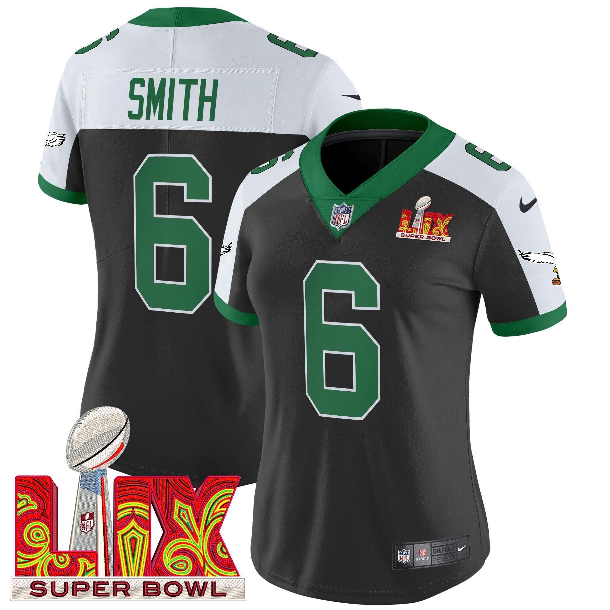 Camisa NFL Women’s Philadelphia Kelly Green Super Bowl LIX Patch Vapor Limited Jersey