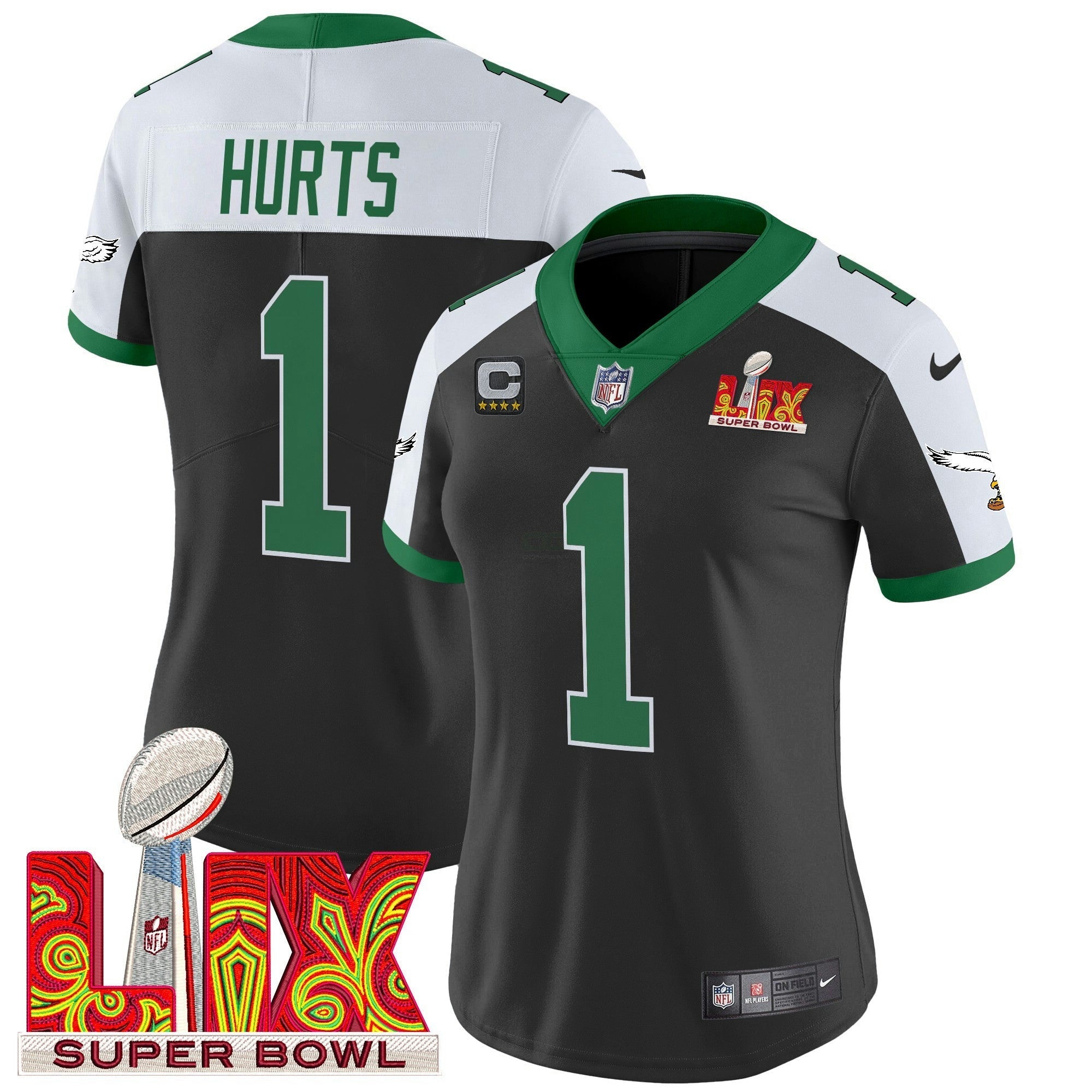 Camisa NFL Women’s Philadelphia Kelly Green Super Bowl LIX Patch Vapor Limited Jersey