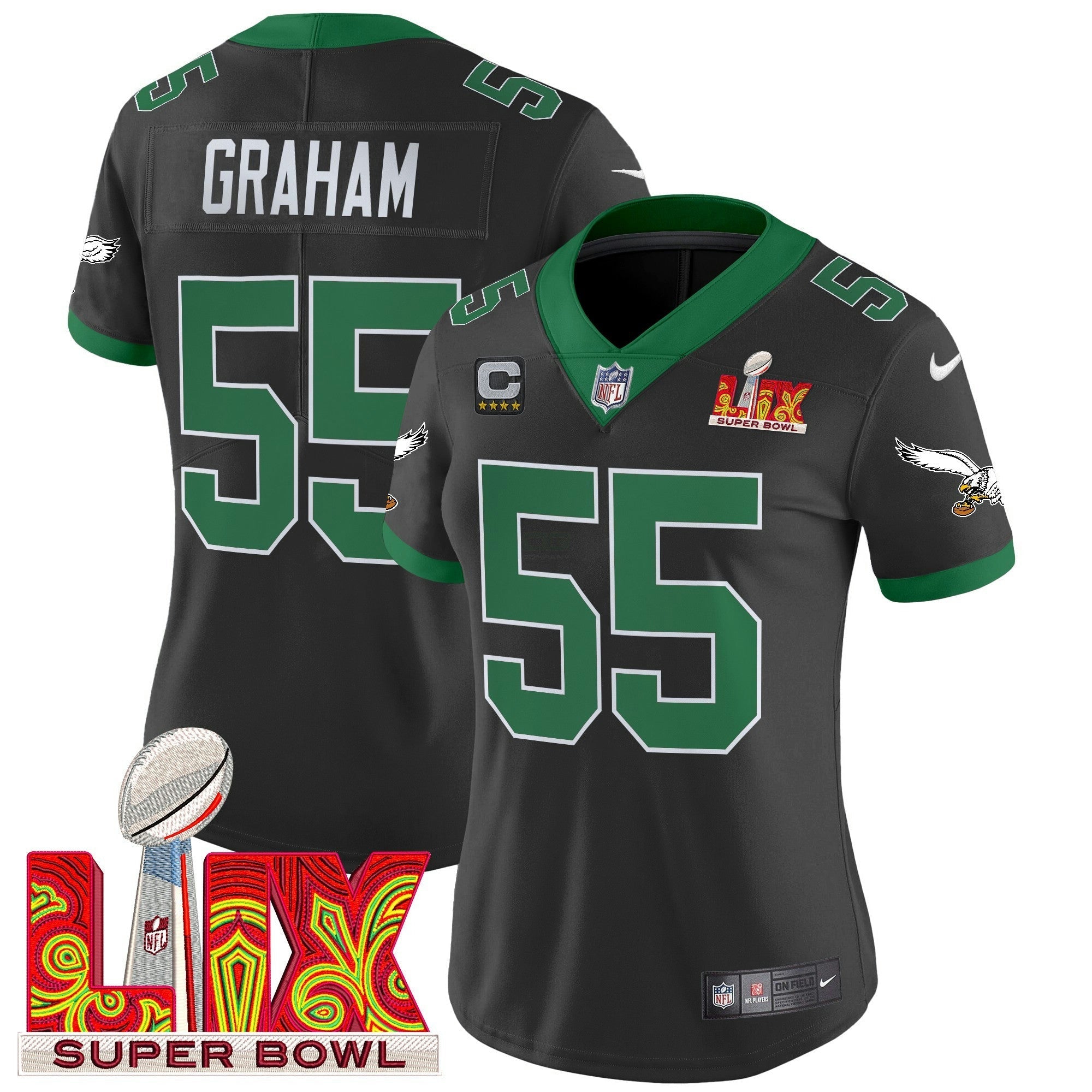 Camisa NFL Women’s Philadelphia Kelly Green Super Bowl LIX Patch Vapor Limited Jersey