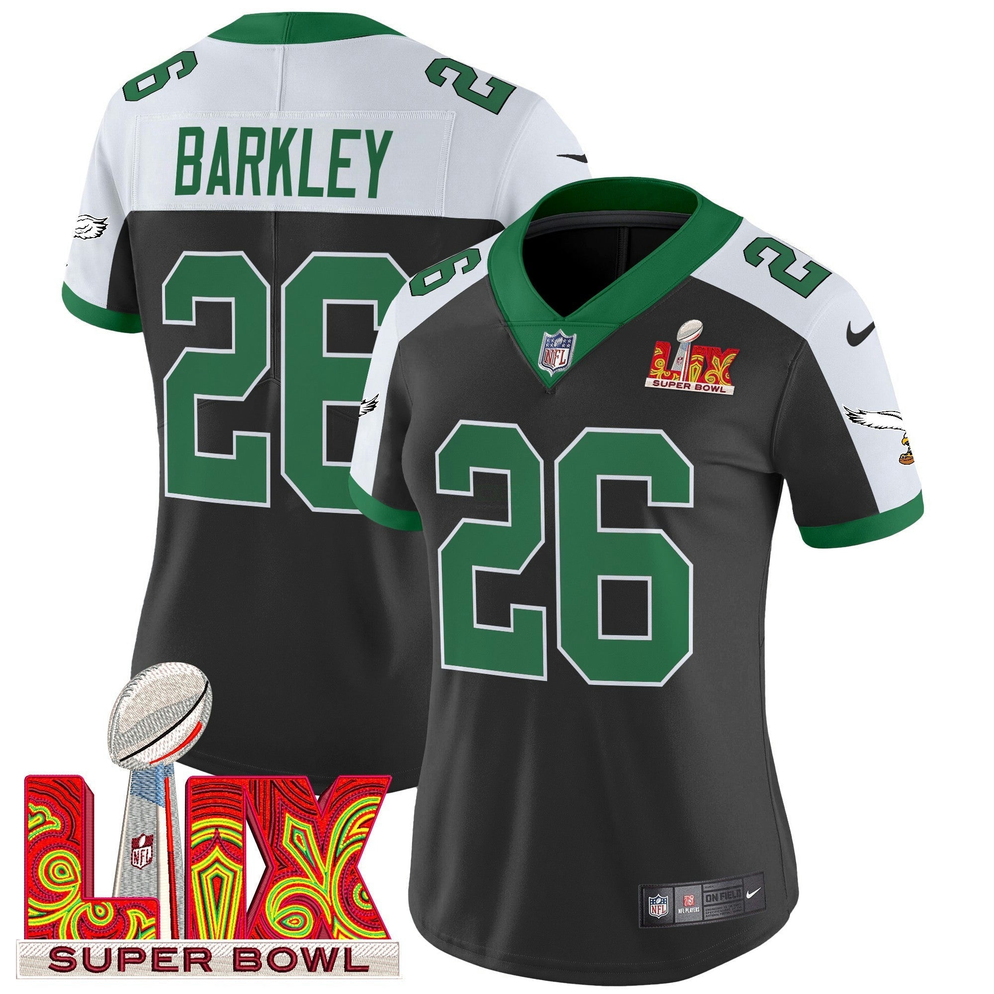 Camisa NFL Women’s Philadelphia Kelly Green Super Bowl LIX Patch Vapor Limited Jersey