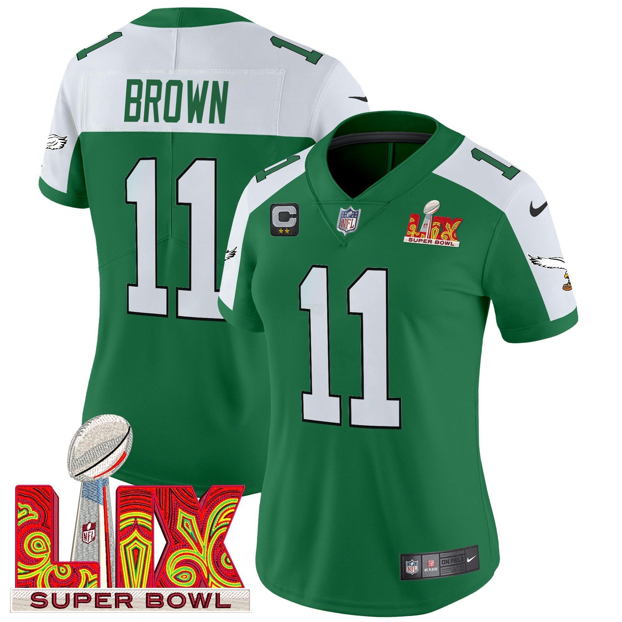 Camisa NFL Women’s Philadelphia Kelly Green Super Bowl LIX Patch Vapor Limited Jersey