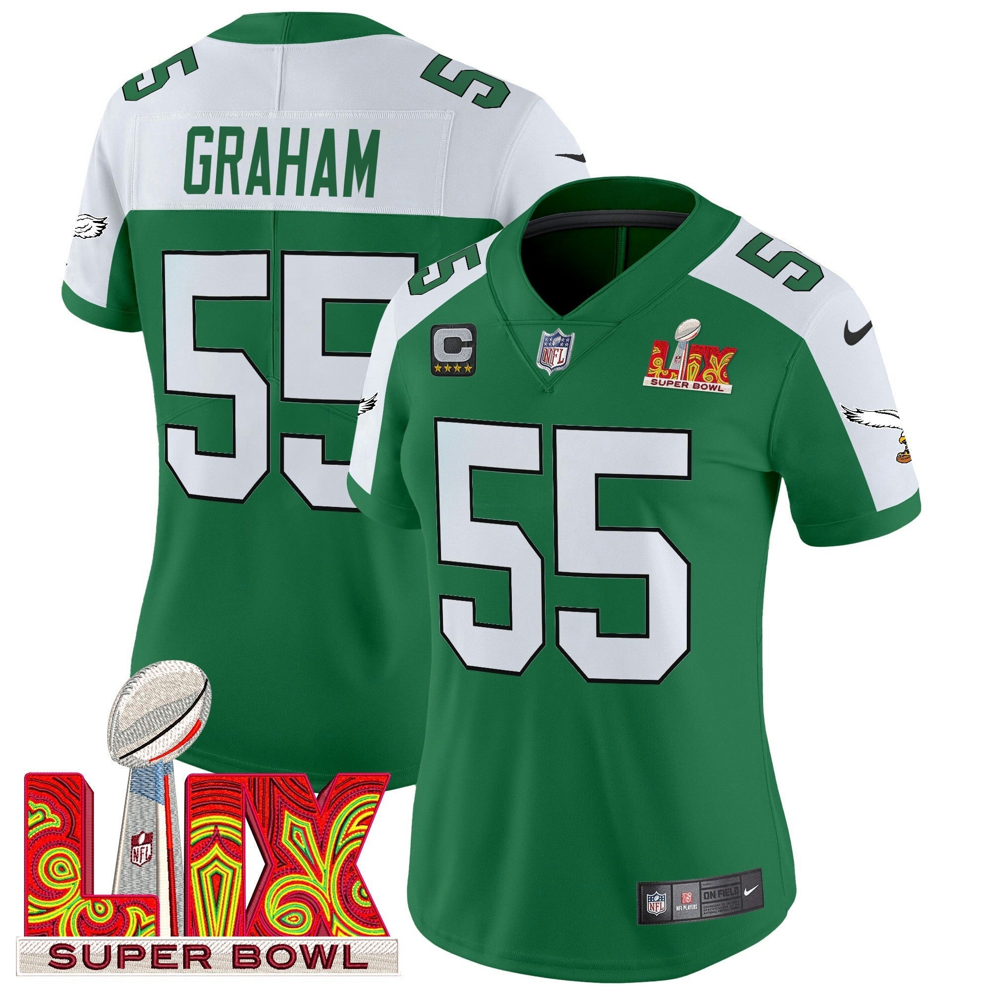 Camisa NFL Women’s Philadelphia Kelly Green Super Bowl LIX Patch Vapor Limited Jersey