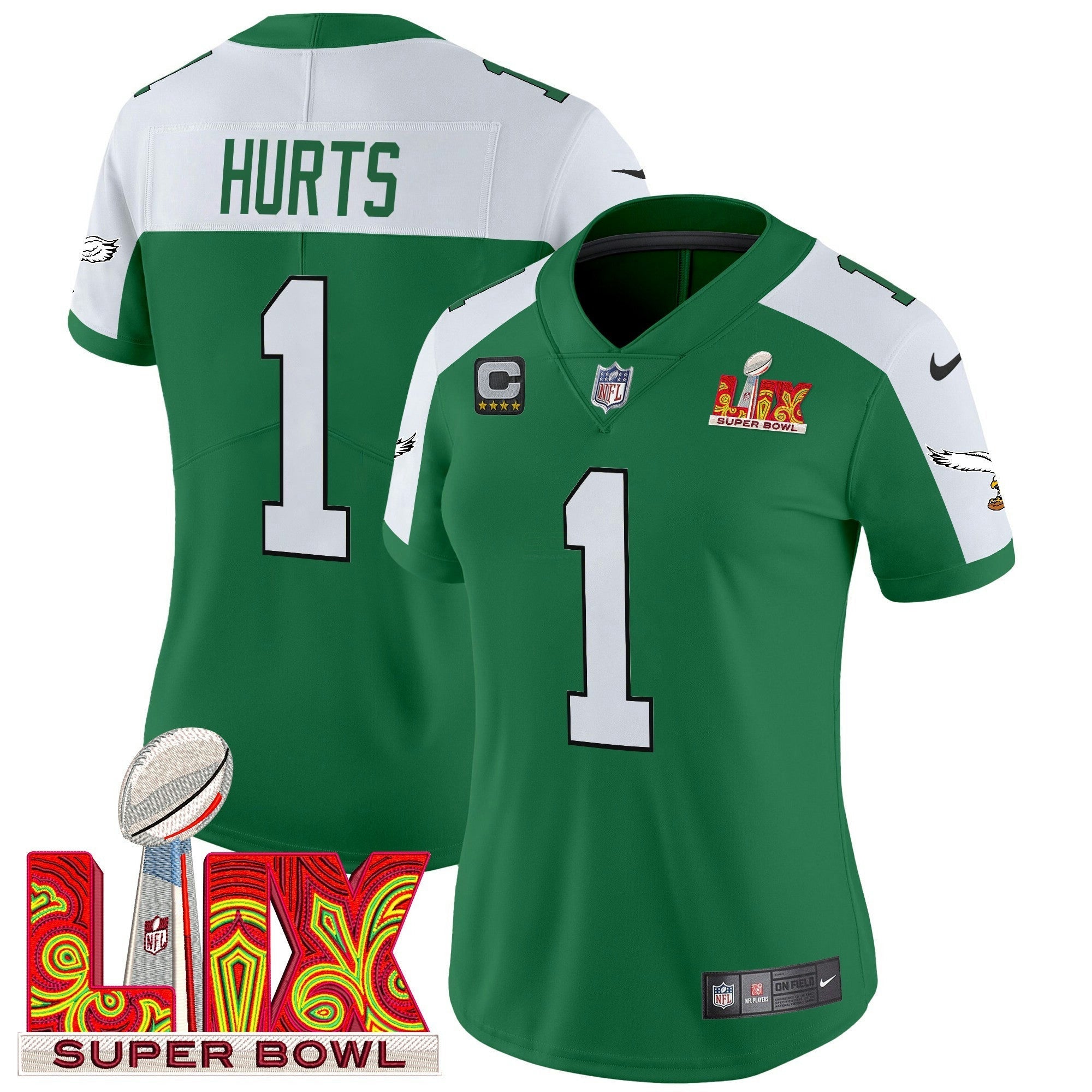 Camisa NFL Women’s Philadelphia Kelly Green Super Bowl LIX Patch Vapor Limited Jersey