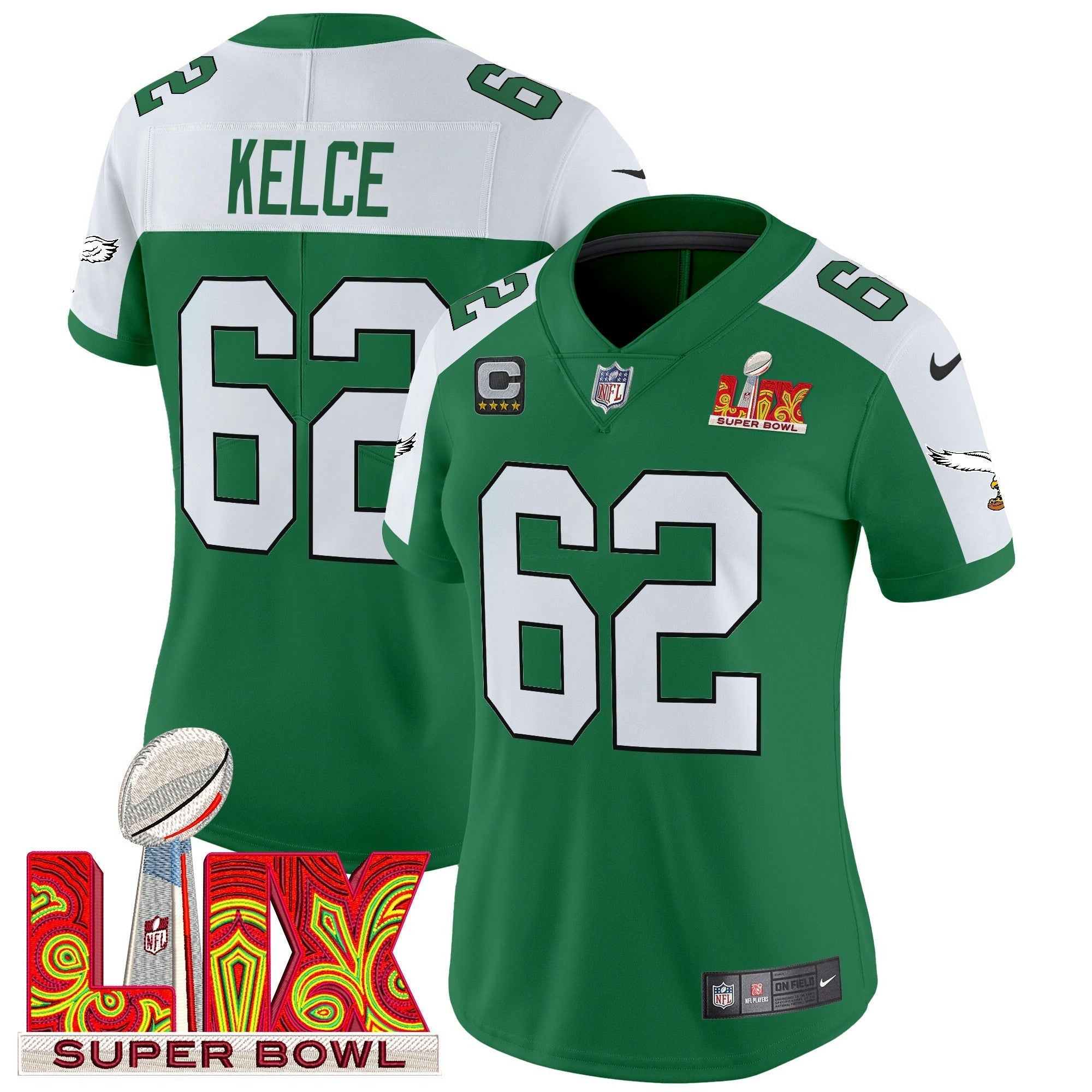 Camisa NFL Women’s Philadelphia Kelly Green Super Bowl LIX Patch Vapor Limited Jersey