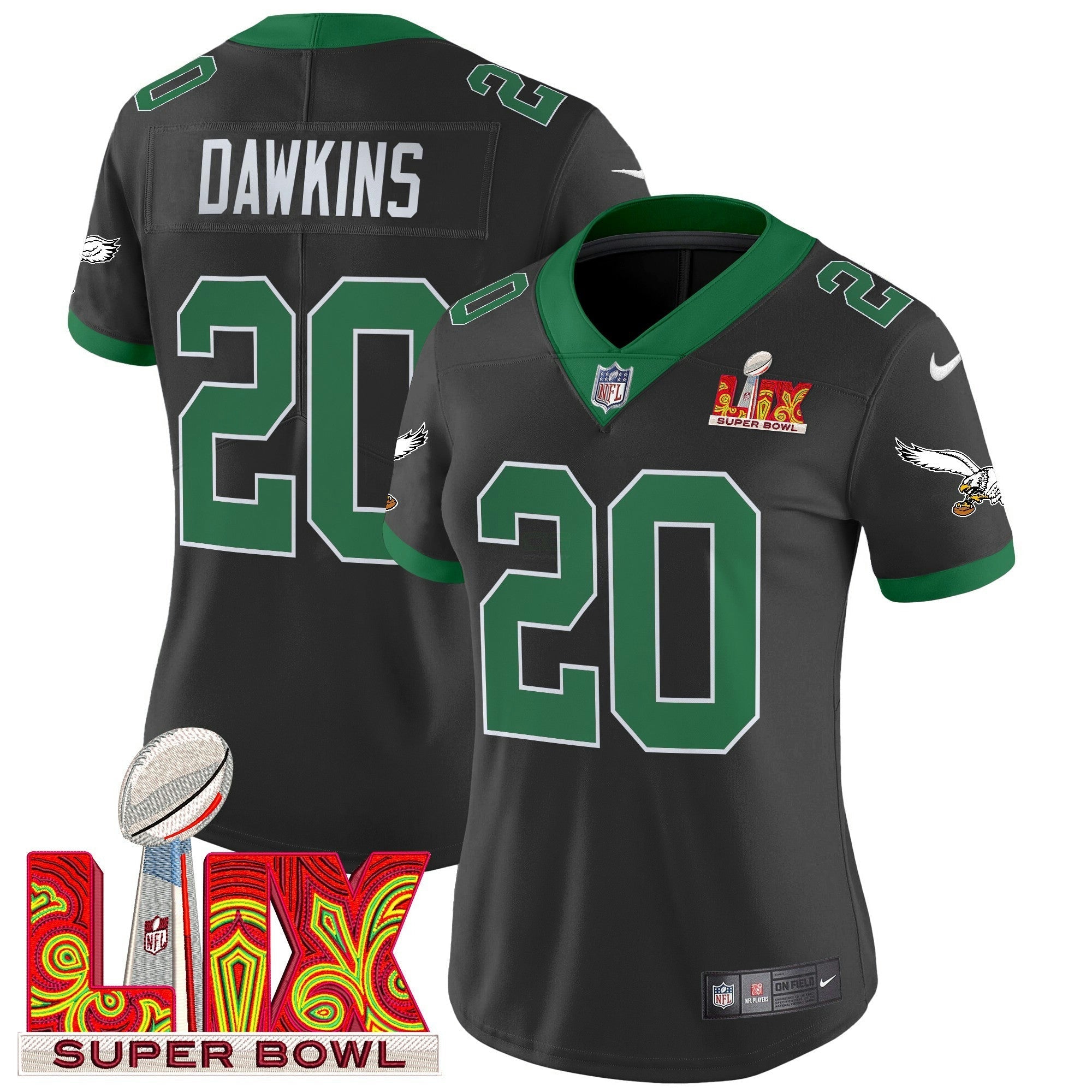 Camisa NFL Women’s Philadelphia Kelly Green Super Bowl LIX Patch Vapor Limited Jersey