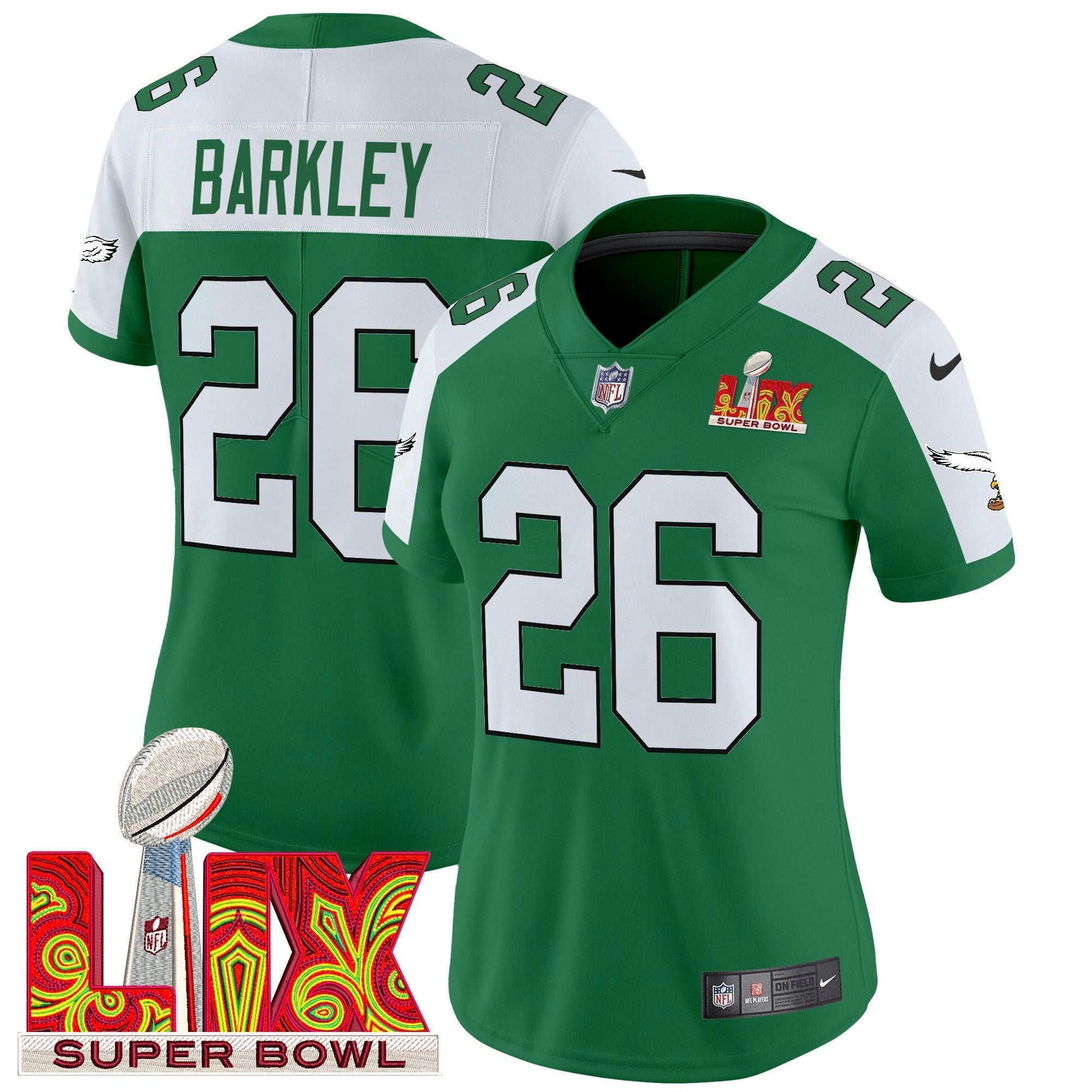 Camisa NFL Women’s Philadelphia Kelly Green Super Bowl LIX Patch Vapor Limited Jersey