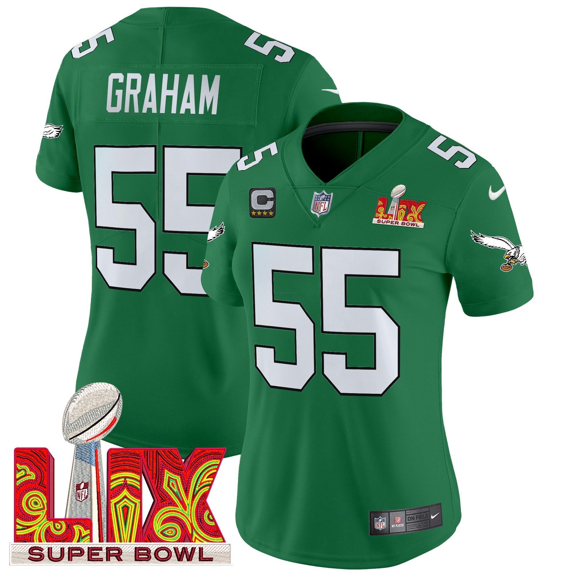 Camisa NFL Women’s Philadelphia Kelly Green Super Bowl LIX Patch Vapor Limited Jersey