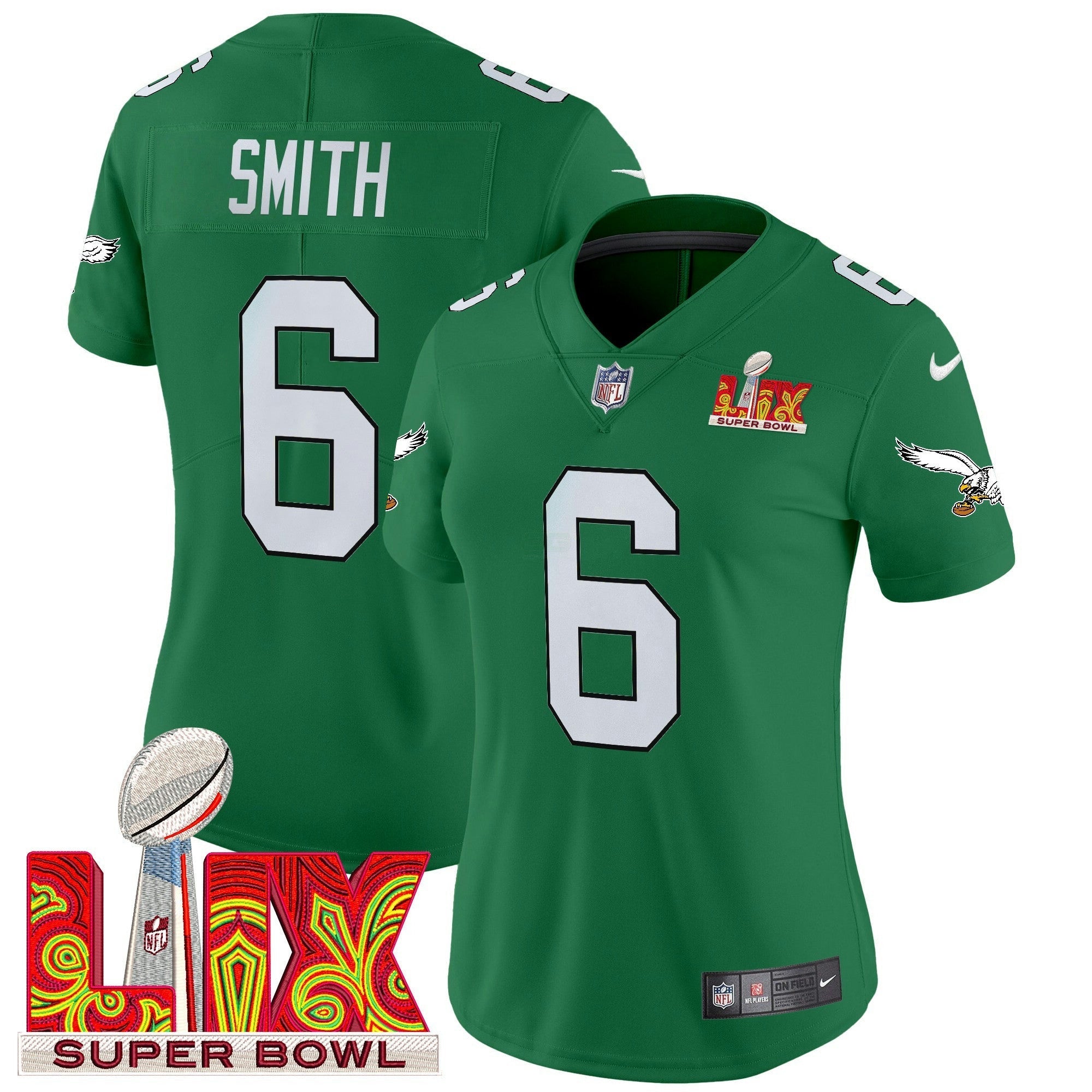 Camisa NFL Women’s Philadelphia Kelly Green Super Bowl LIX Patch Vapor Limited Jersey