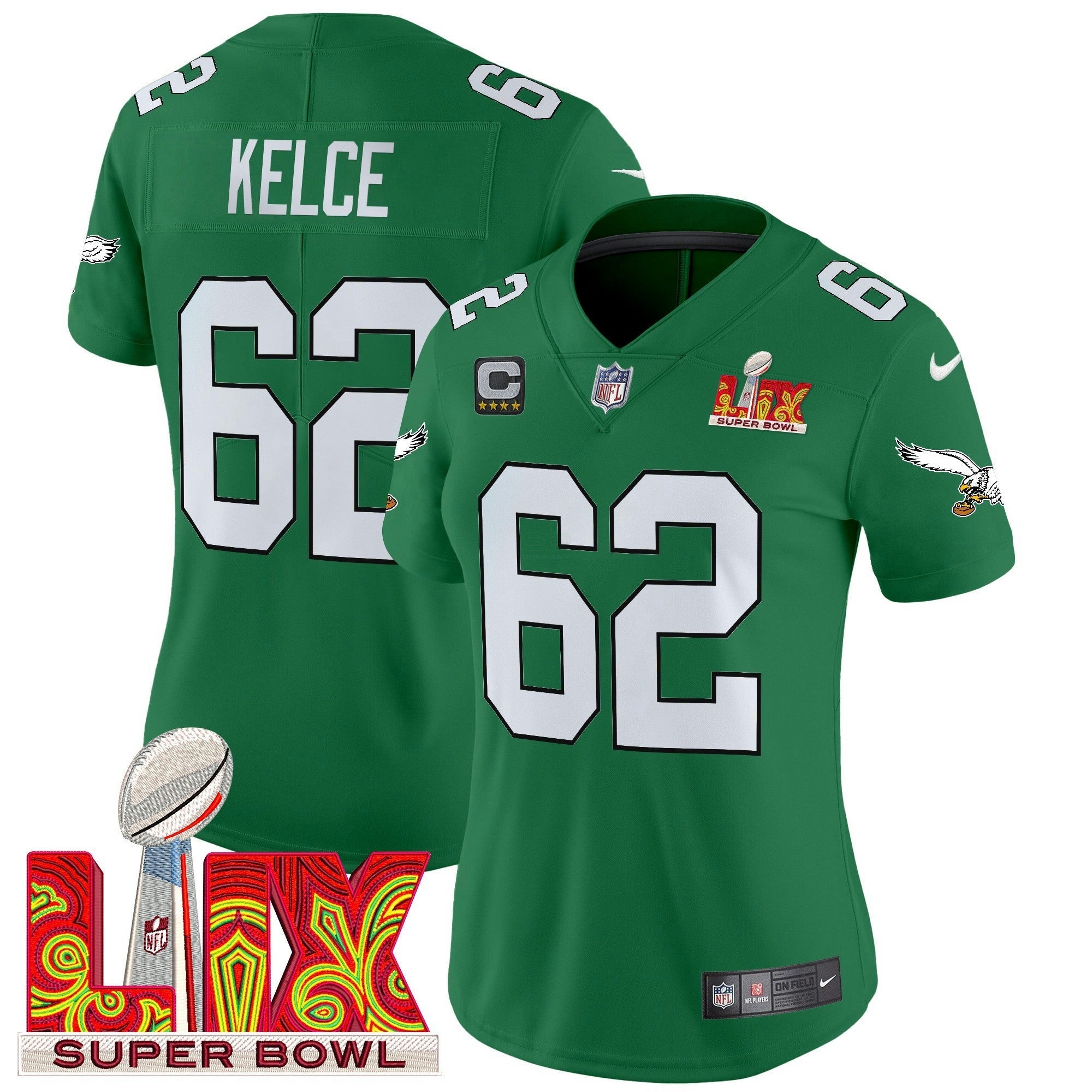 Camisa NFL Women’s Philadelphia Kelly Green Super Bowl LIX Patch Vapor Limited Jersey