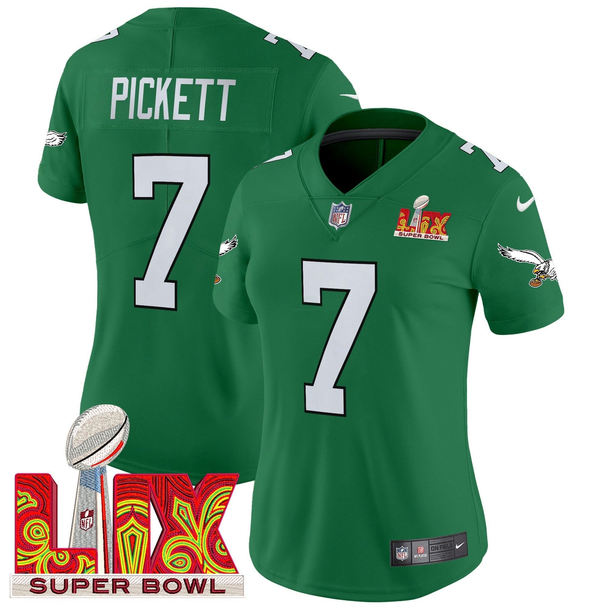 Camisa NFL Women’s Philadelphia Kelly Green Super Bowl LIX Patch Vapor Limited Jersey