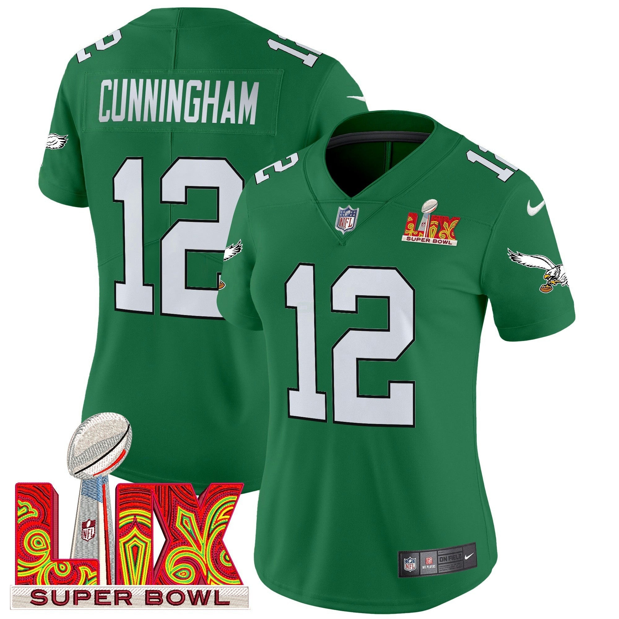Camisa NFL Women’s Philadelphia Kelly Green Super Bowl LIX Patch Vapor Limited Jersey
