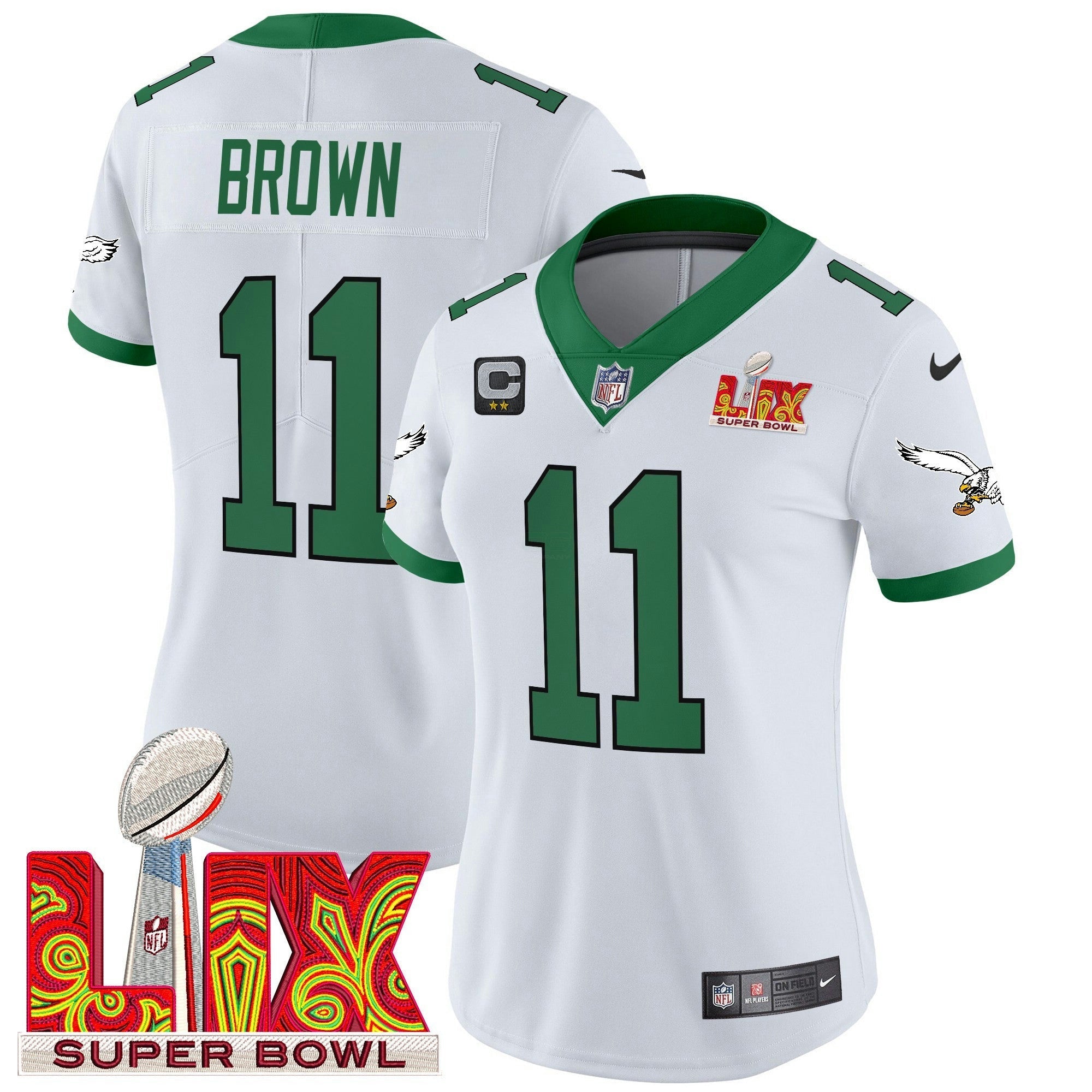 Camisa NFL Women’s Philadelphia Kelly Green Super Bowl LIX Patch Vapor Limited Jersey